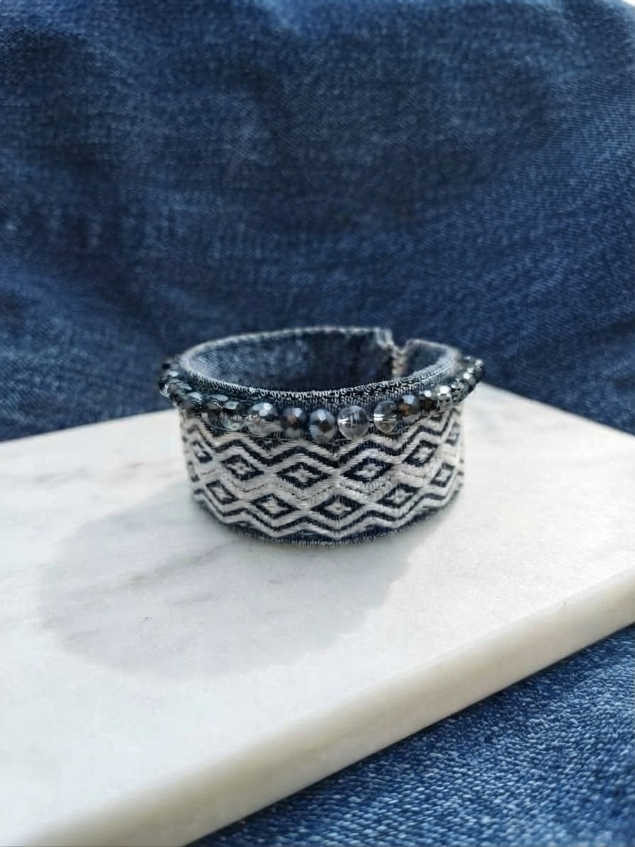 Handcrafted Upcycled Denim Bracelet with Geometric Embroidery and Beads