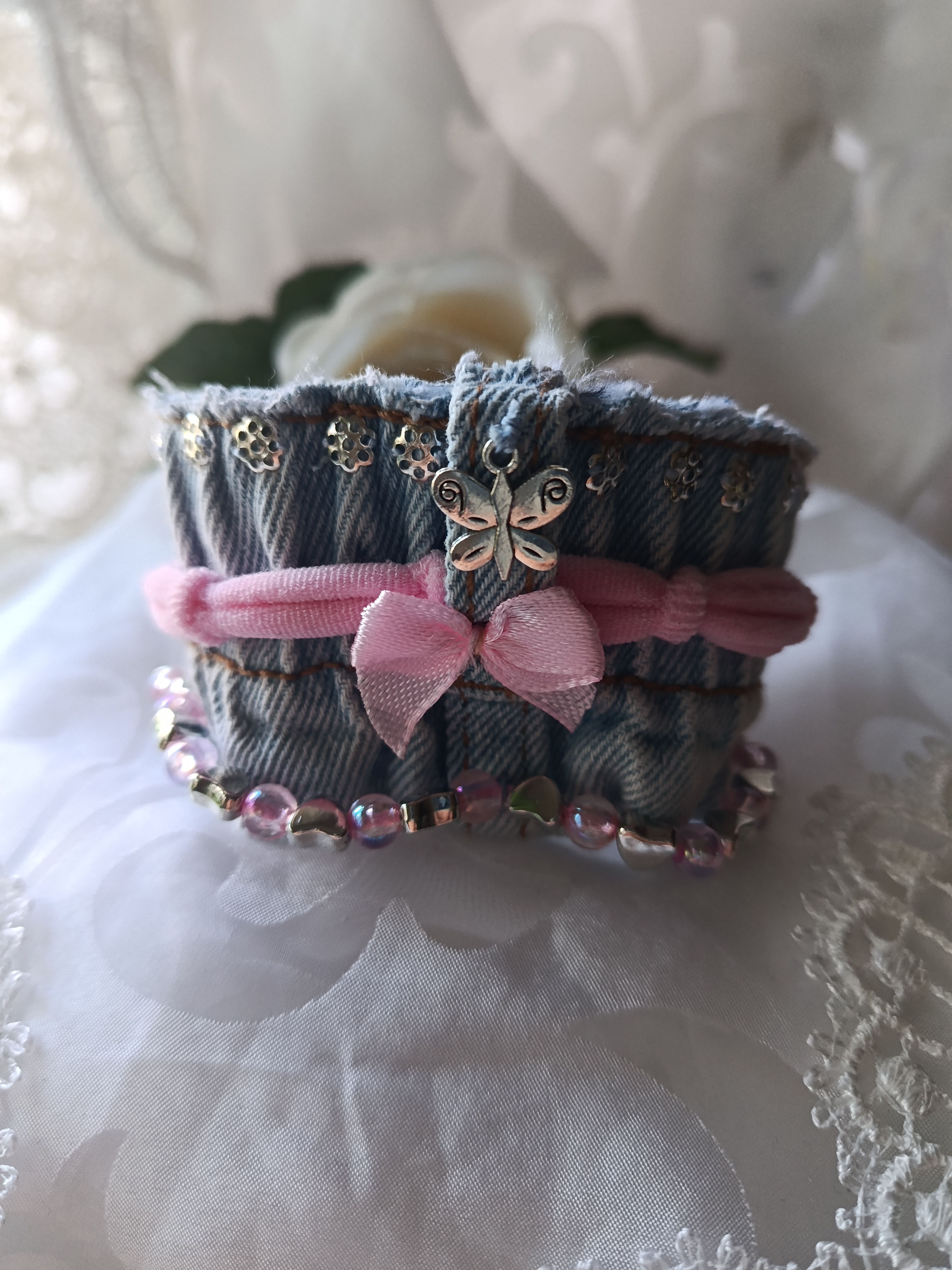 Handcrafted Upcycled Light Denim Cuff Bracelet with Pink Ribbon, Butterfly Charm & Hearts