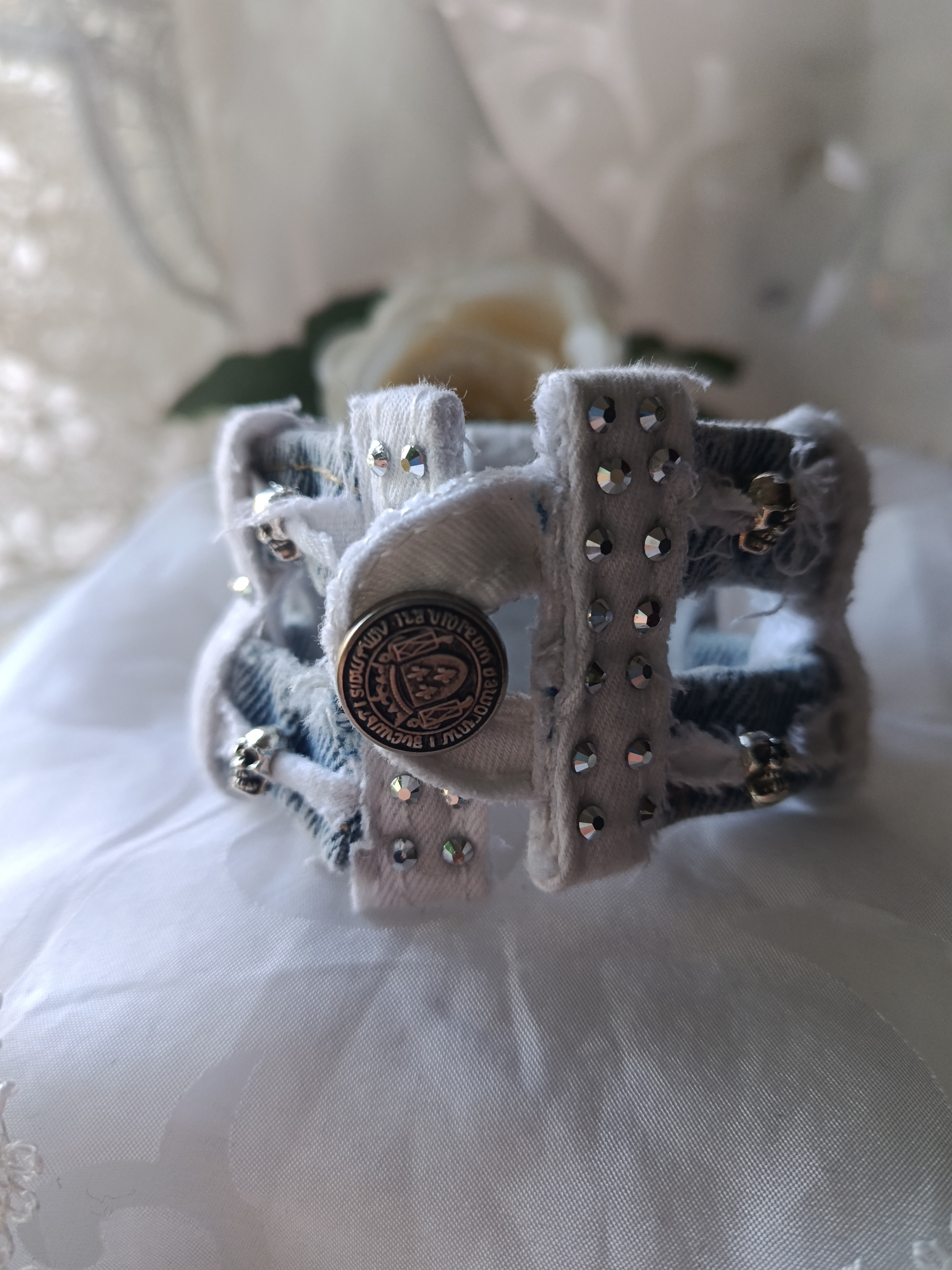Handcrafted Upcycled White & Light Blue Denim Rocker Cuff with Skulls & Rhinestones, photo 2