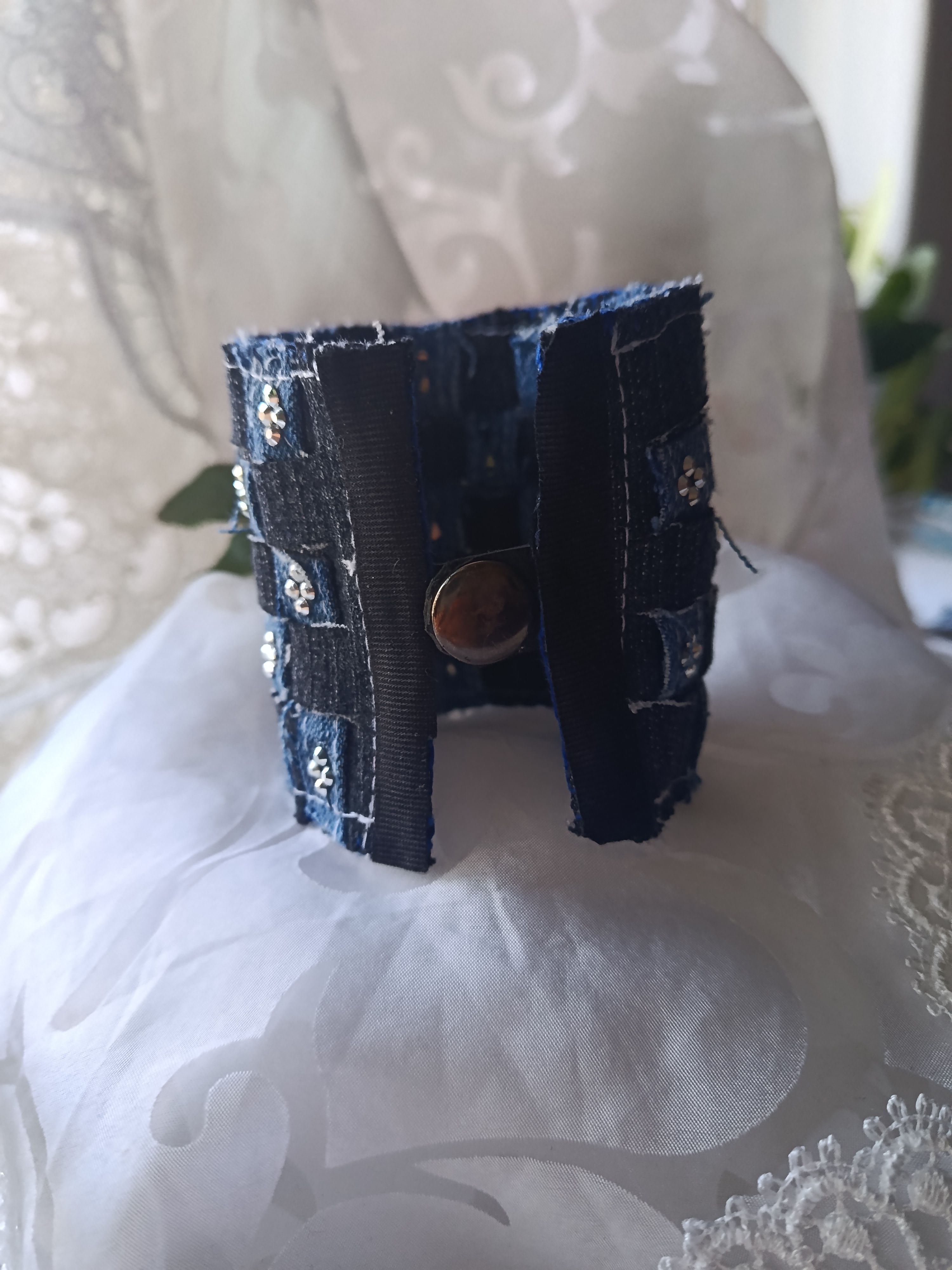 Handcrafted Upcycled Denim Rocker Cuff Bracelet with Skulls and Rhinestones, photo 2