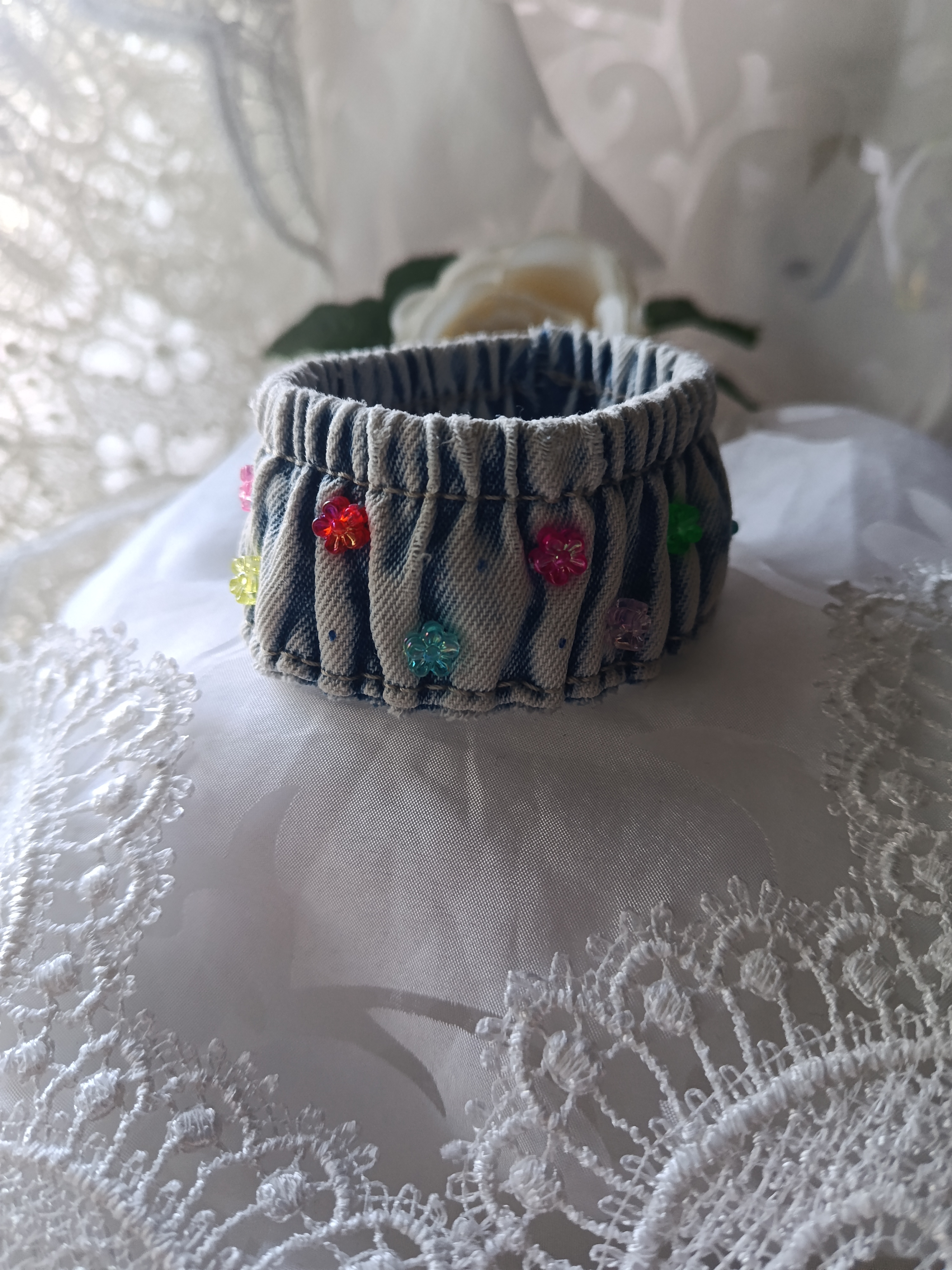 Handcrafted Upcycled Denim Elastic Cuff Bracelet with Colorful Flower Beads