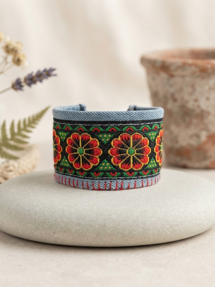 Handcrafted Upcycled Denim Bracelet with Folk Floral Ribbon – Adjustable Velcro Closure