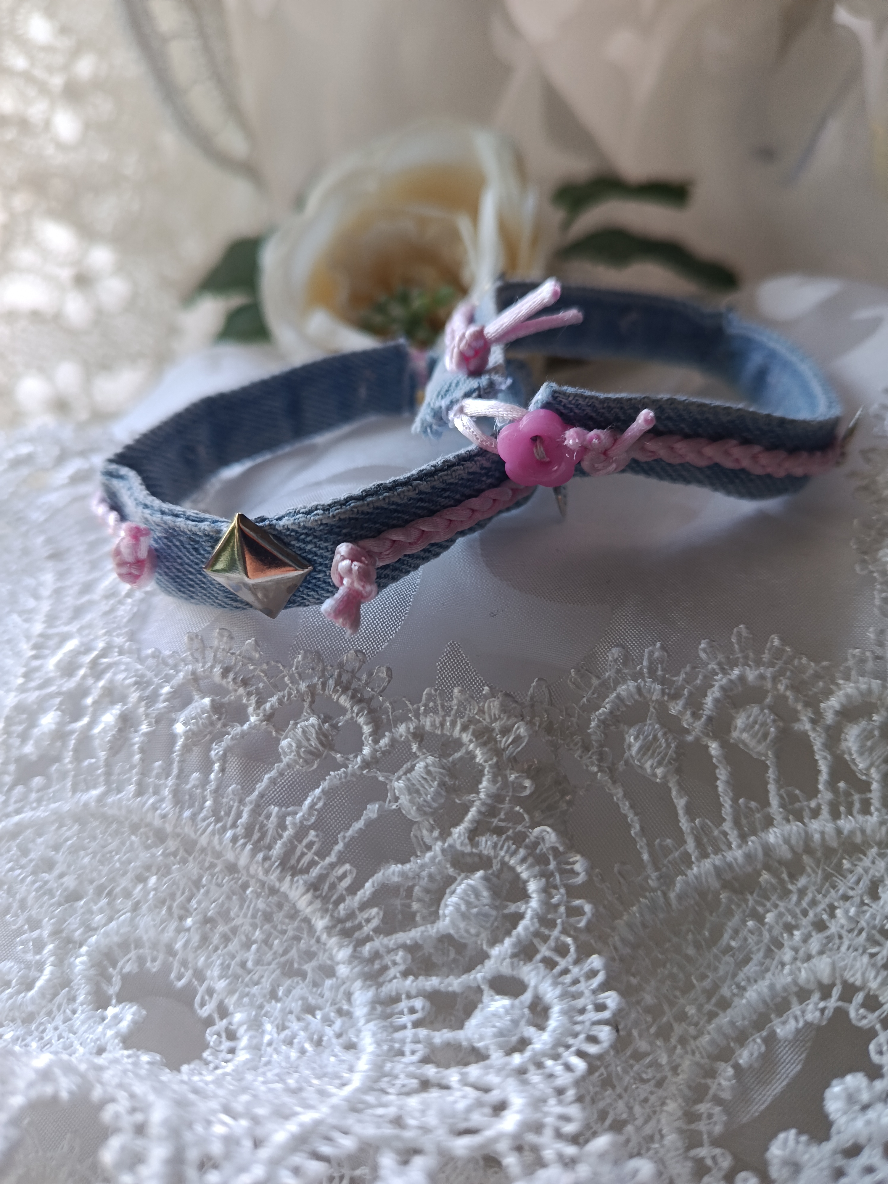 Handcrafted Mother-Daughter Upcycled Denim Bracelet Set with Pink Braid & Pyramid Stud