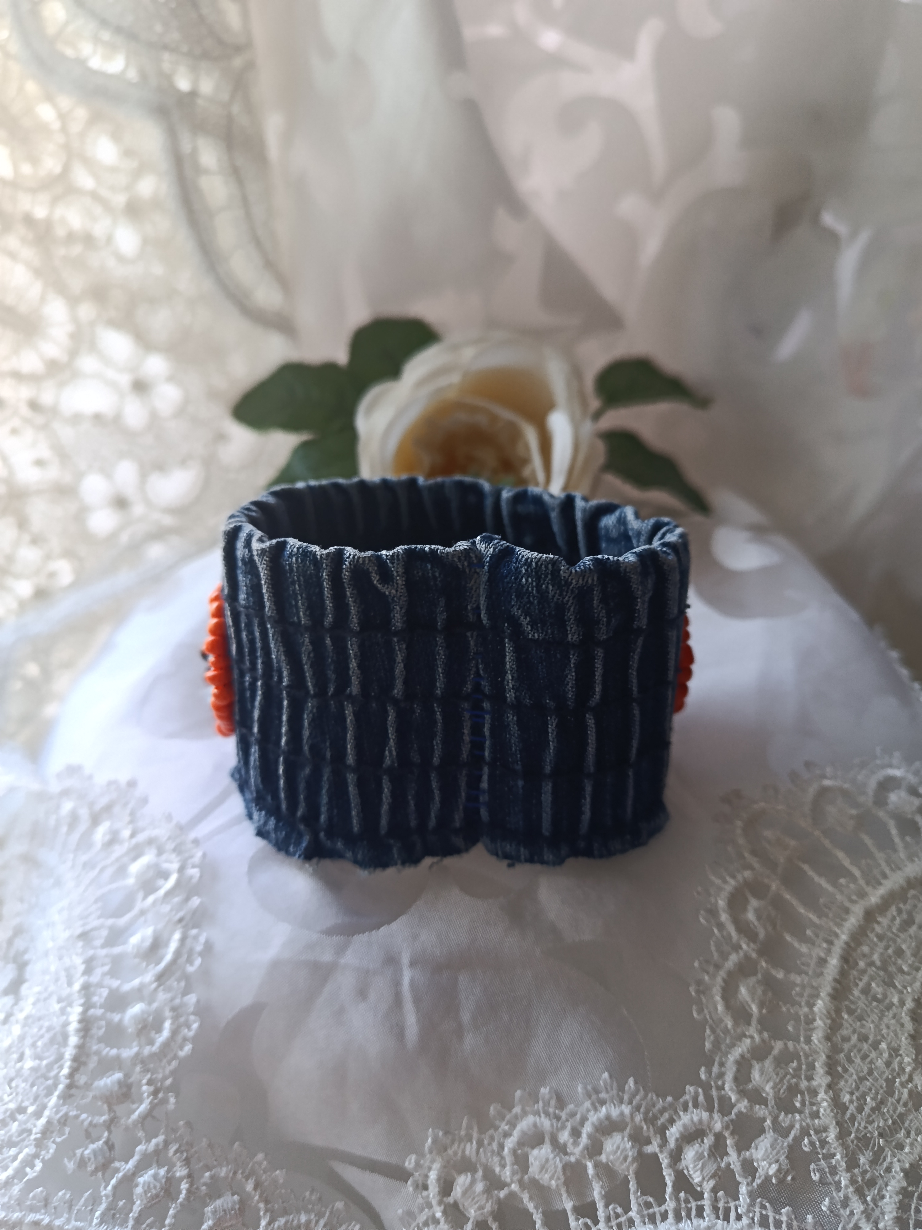 Handcrafted Upcycled Denim Cuff Bracelet with Tribal Beaded Rosettes, photo 3