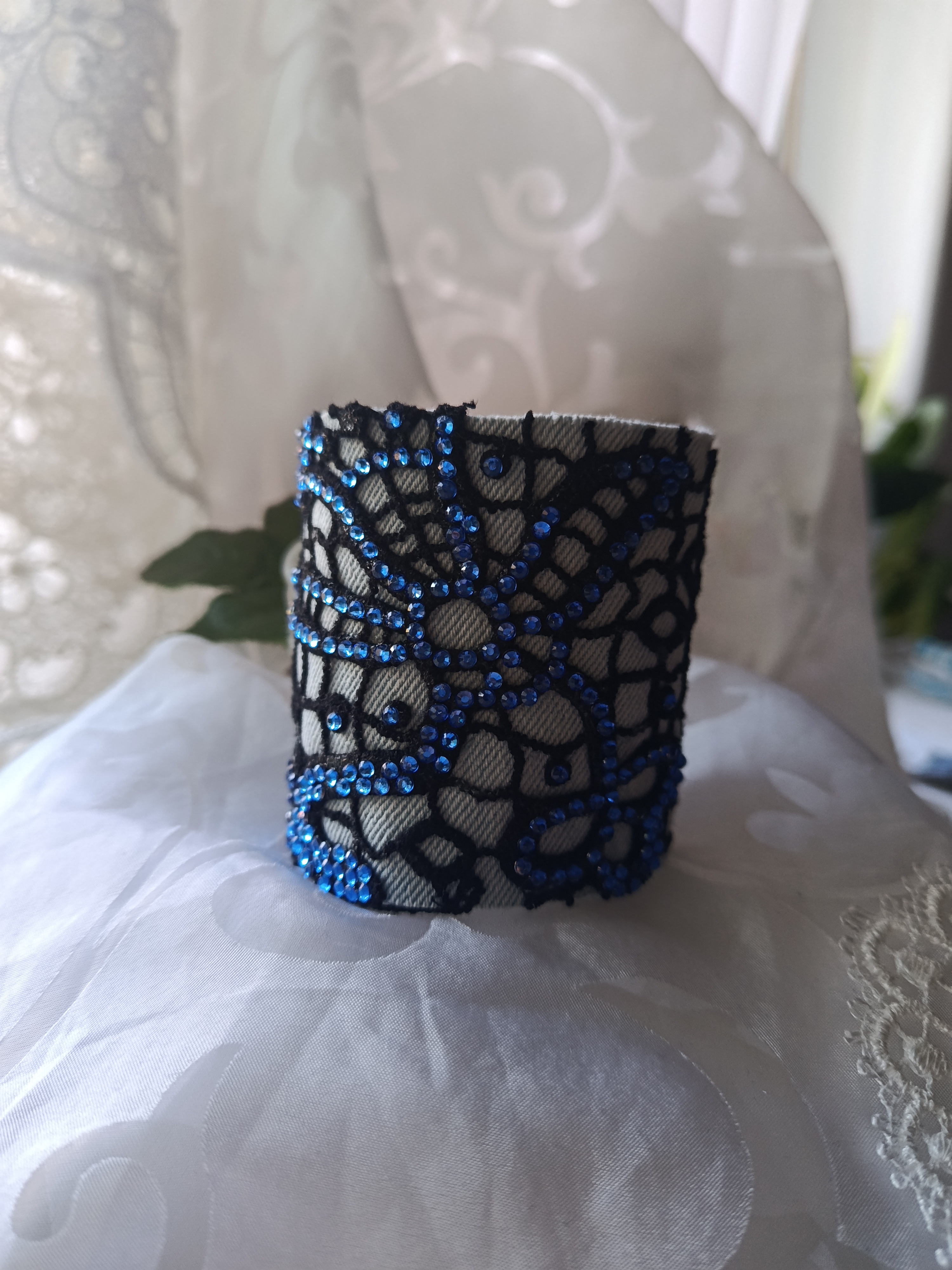 Blue Rhinestone Spiderweb Pattern Denim Bracelet