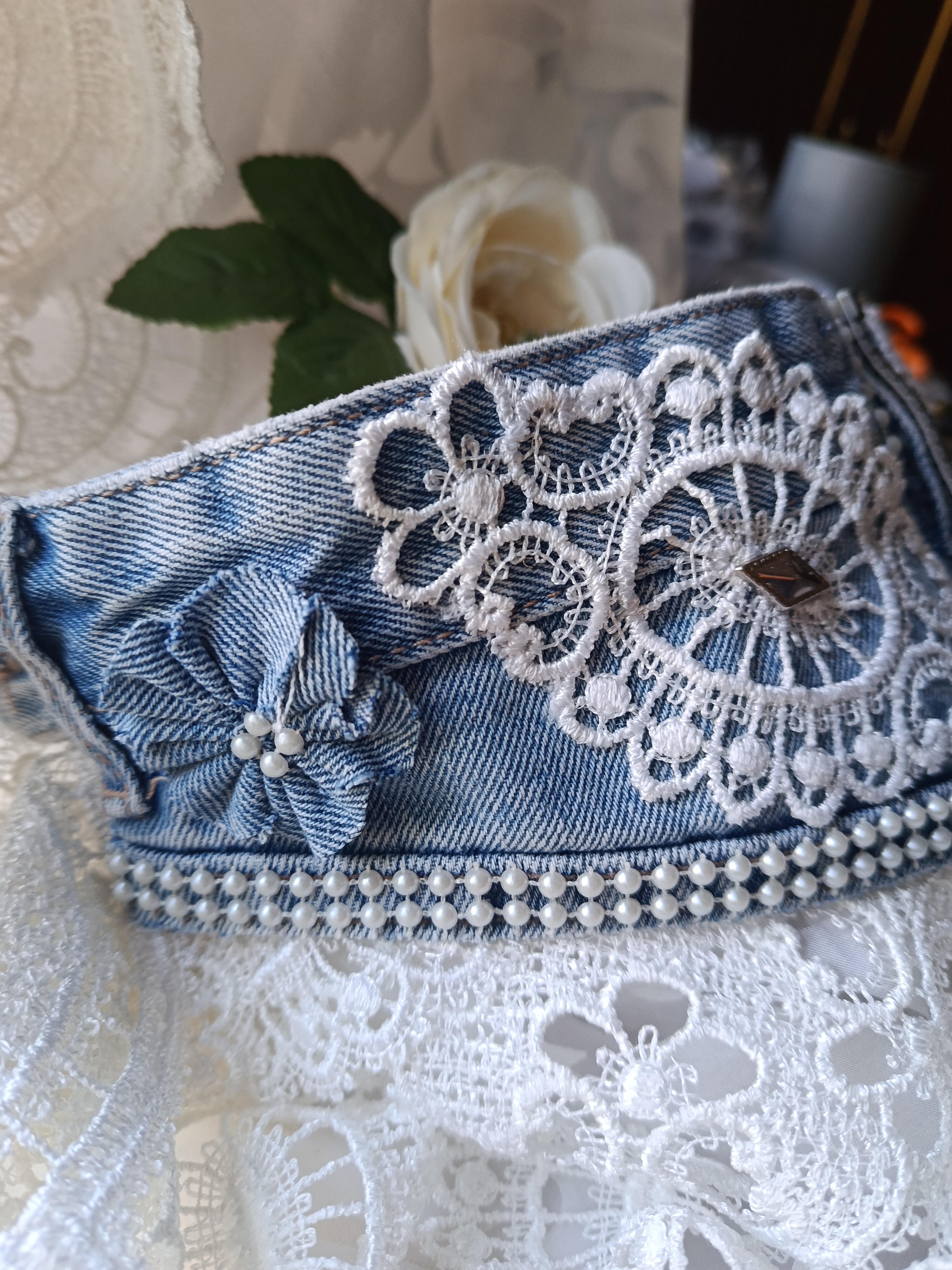 Handcrafted Upcycled Denim Choker Necklace with White Lace, Pearls & Center Zipper, photo 3