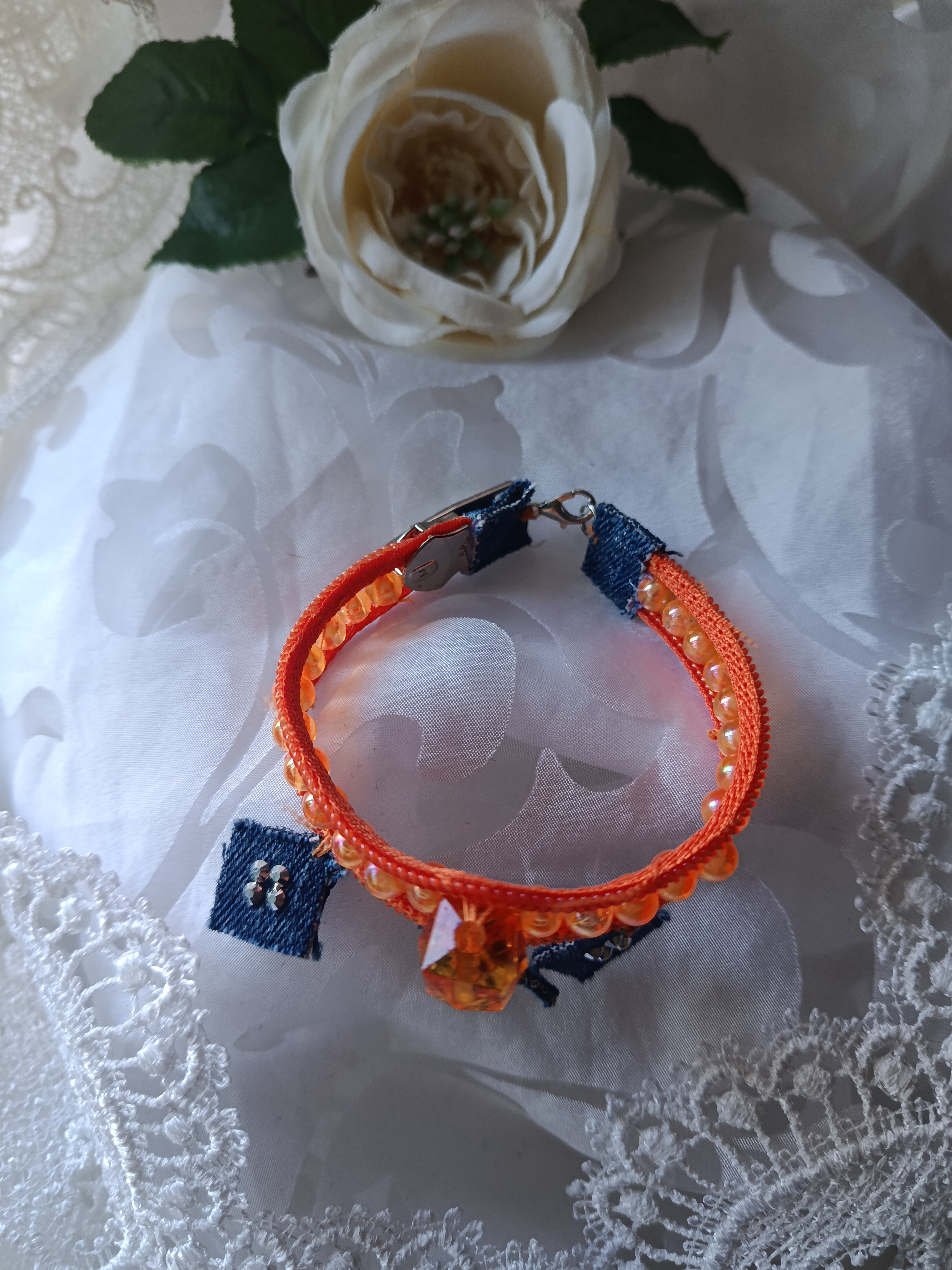 Handcrafted Orange Zipper & Beaded Bracelet with Rhinestone Denim Charms, photo 2
