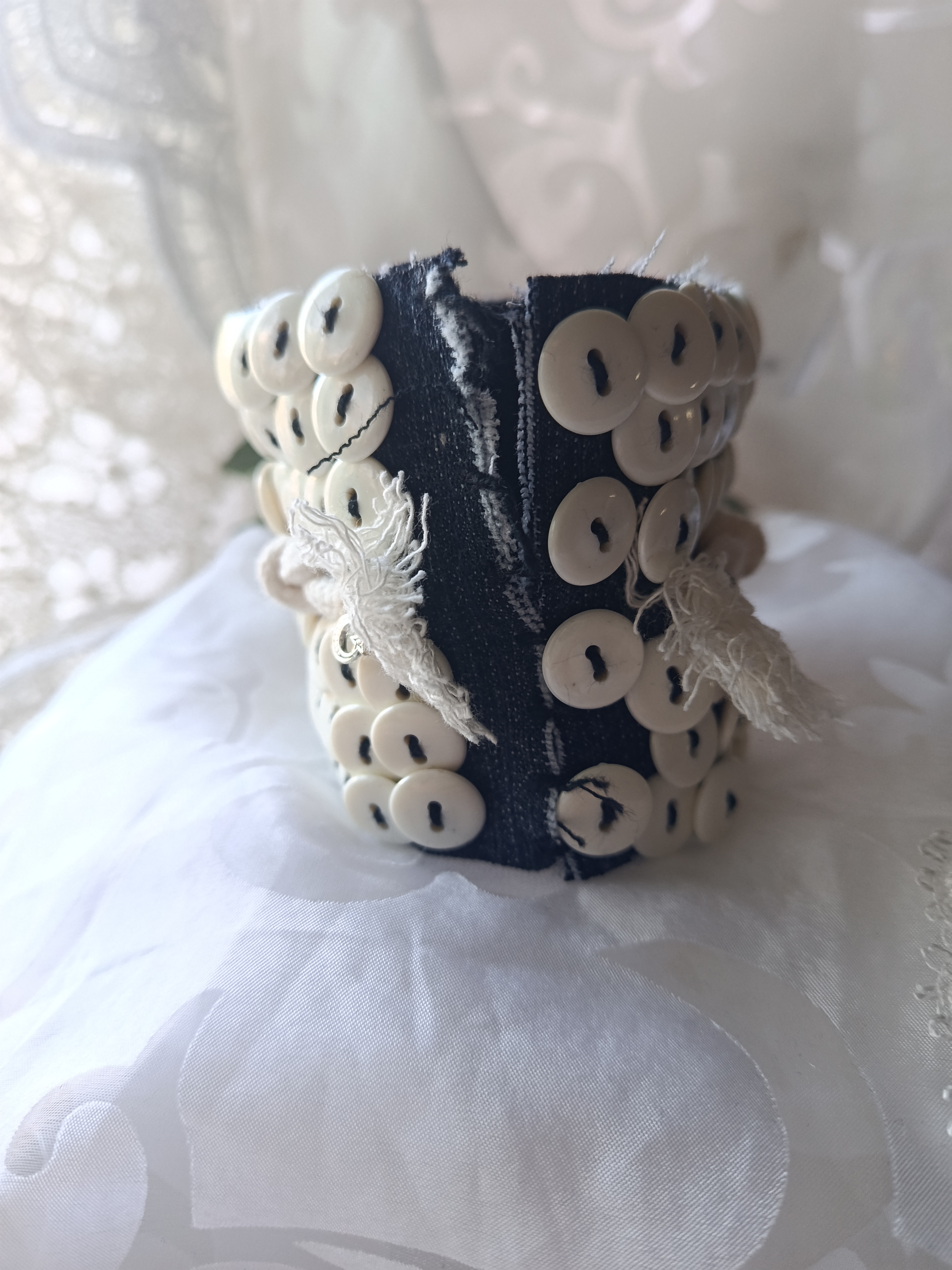 Handcrafted Upcycled Denim Statement Cuff Bracelet with Layered White Buttons, photo 2