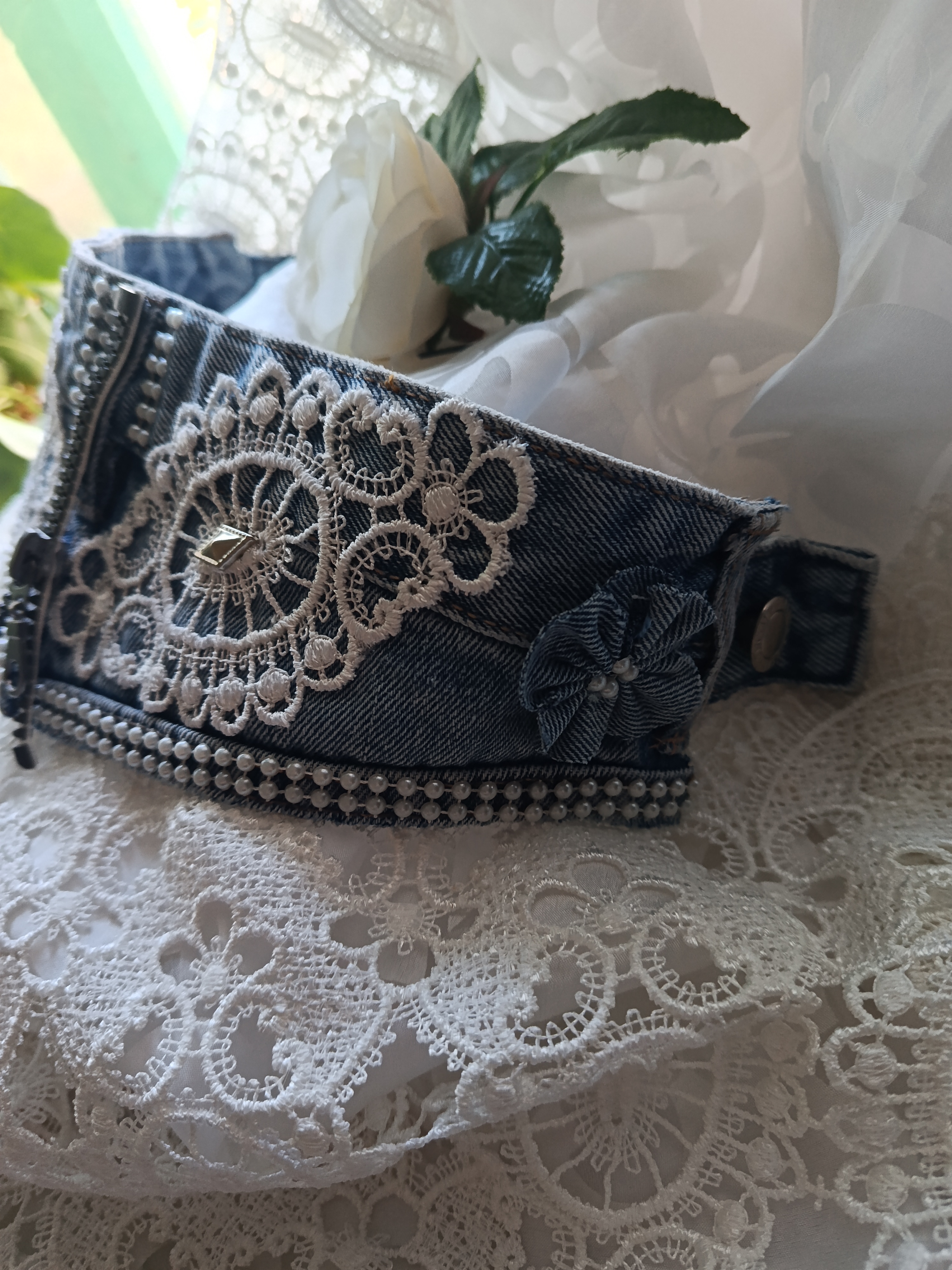 Handcrafted Upcycled Denim Choker Necklace with White Lace, Pearls & Center Zipper, photo 2