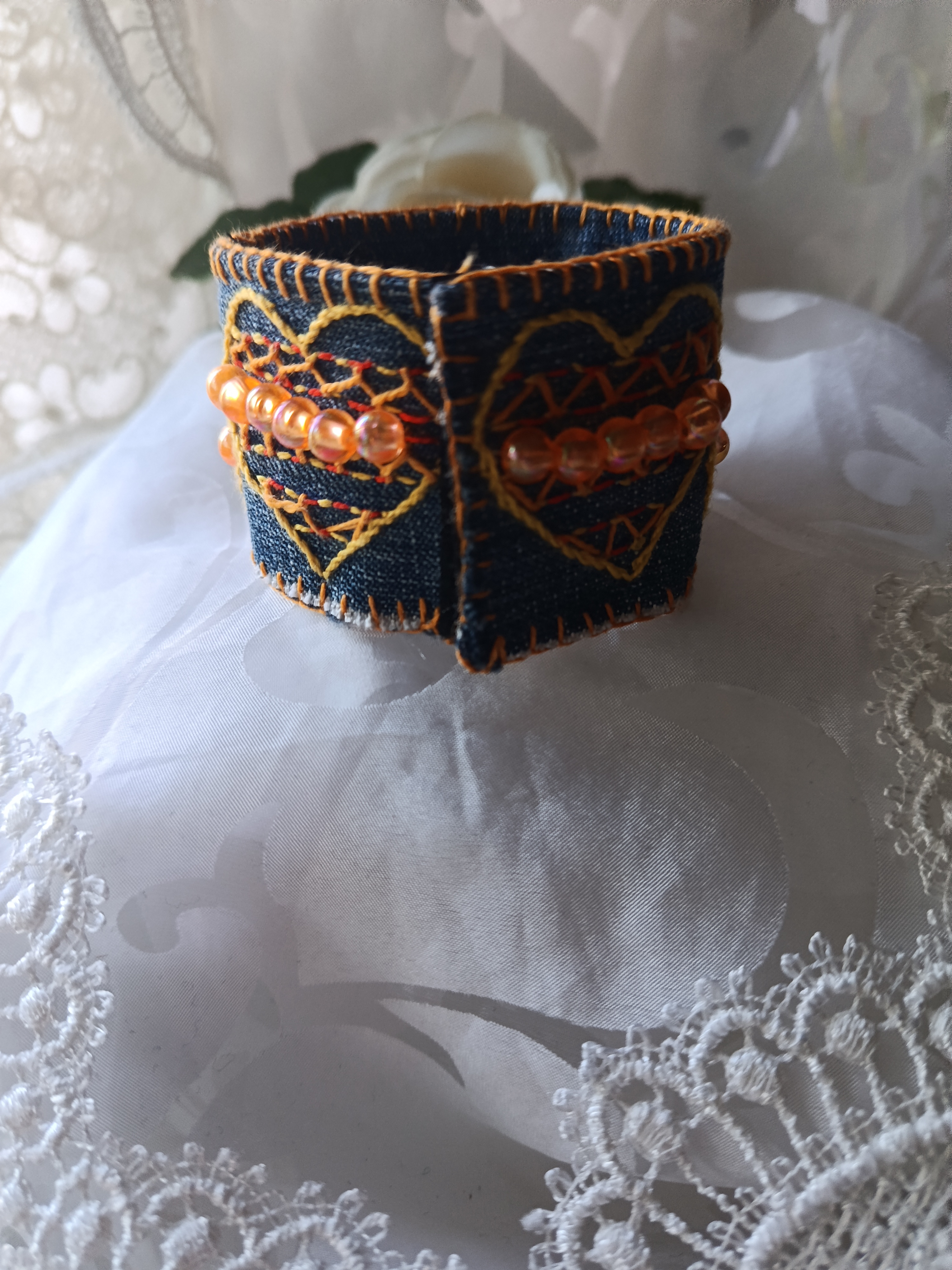 Handcrafted Upcycled Denim Cuff Bracelet with Embroidered Hearts & Orange Beads, photo 2