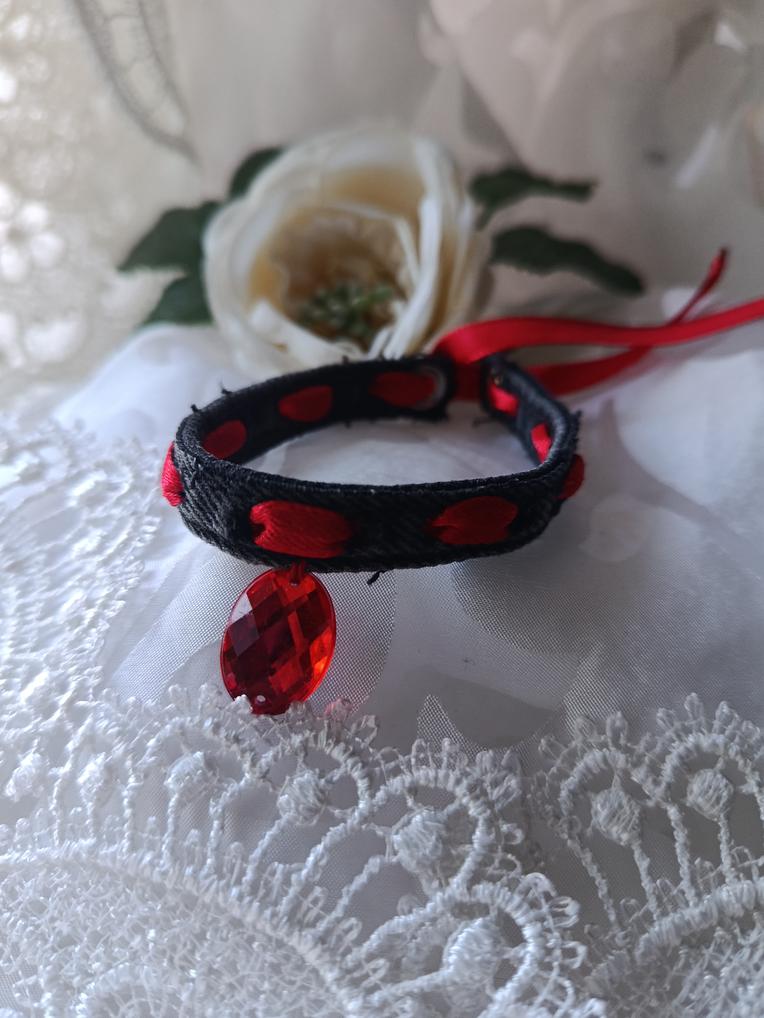 Handcrafted Slim Black Denim Bracelet with Laced Red Ribbon & Ruby Crystal Charm