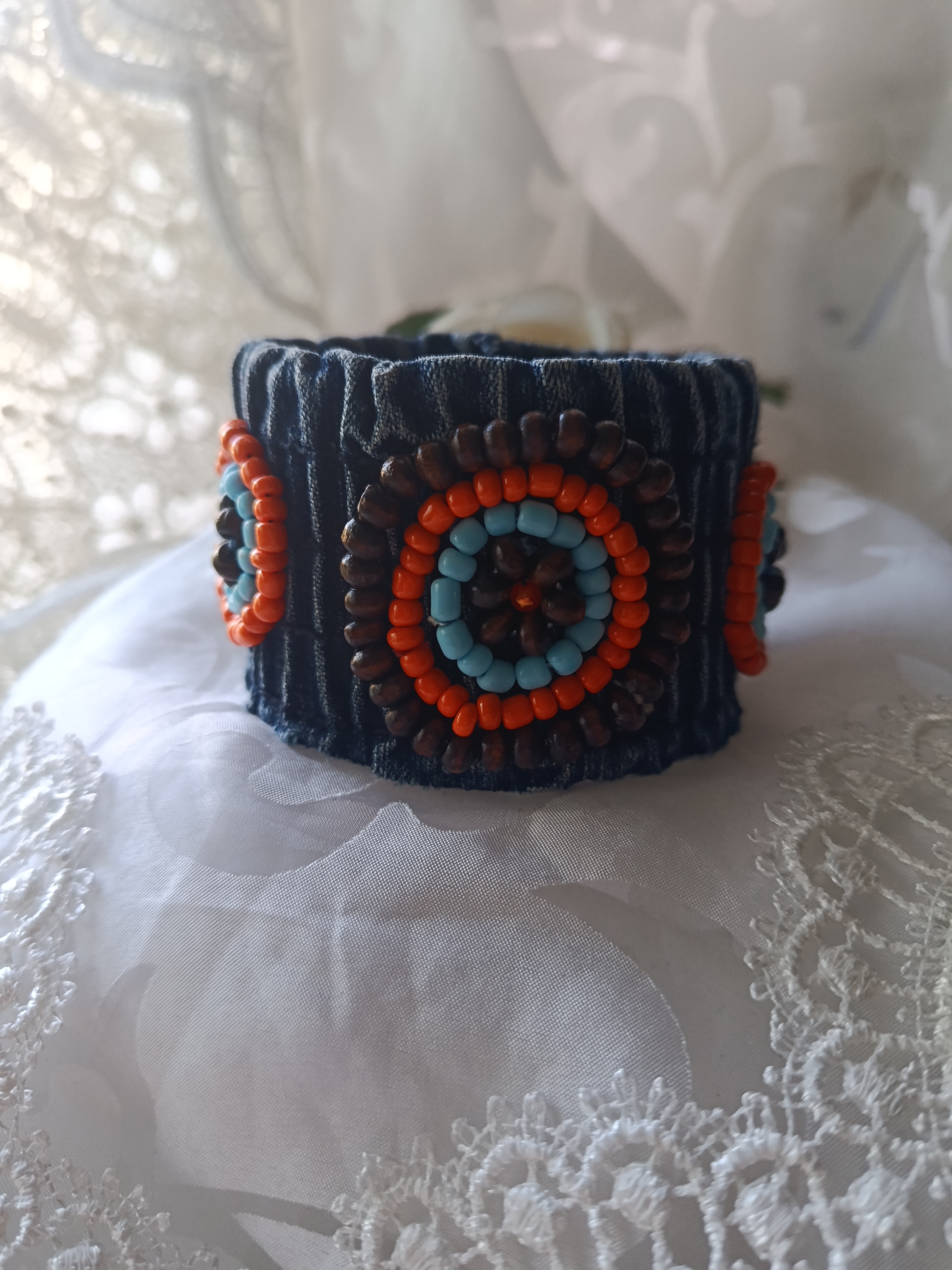 Handcrafted Upcycled Denim Cuff Bracelet with Tribal Beaded Rosettes