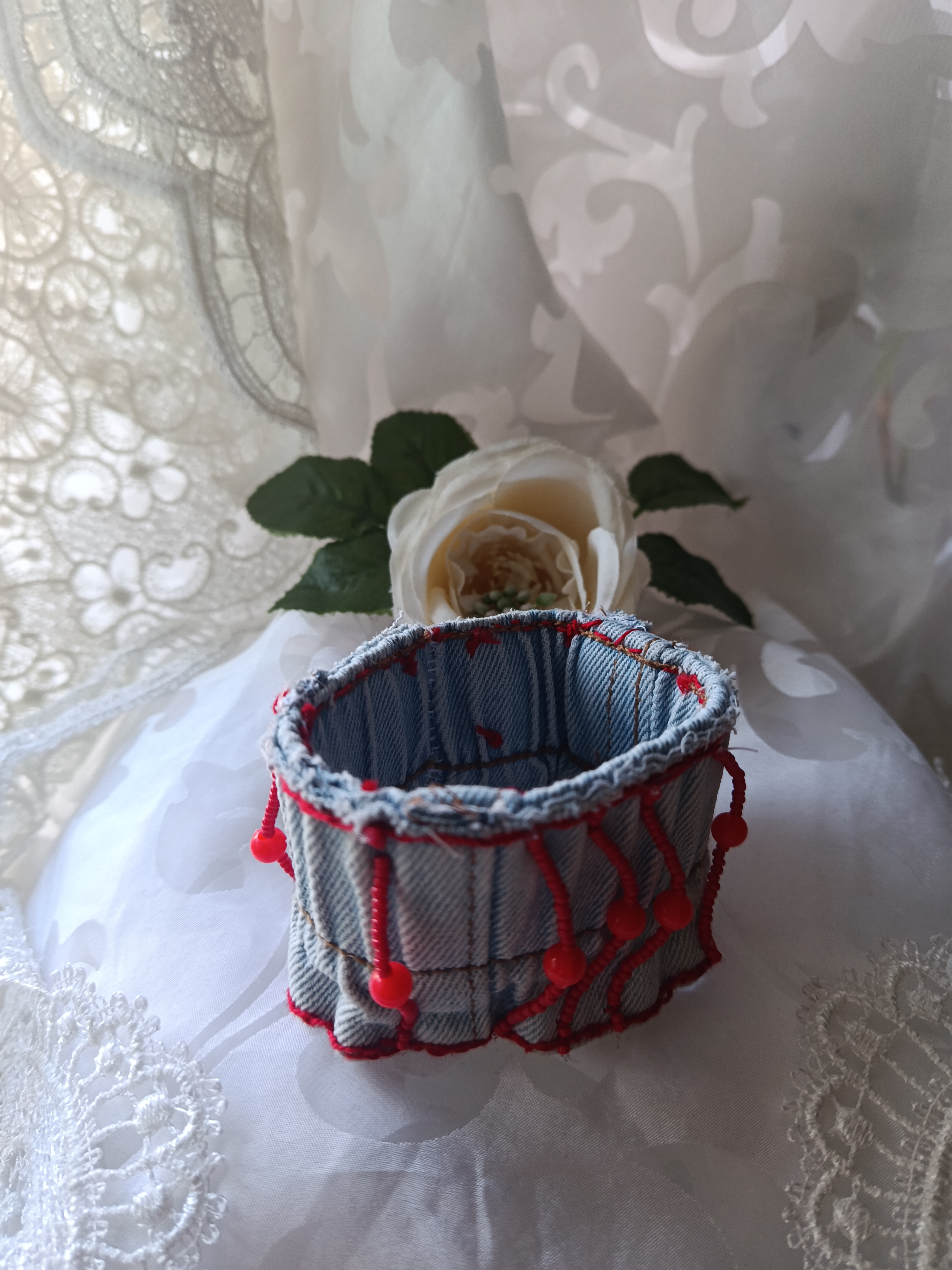 Handcrafted Upcycled Light Blue Denim Cuff Bracelet with Red Bead Fringes
