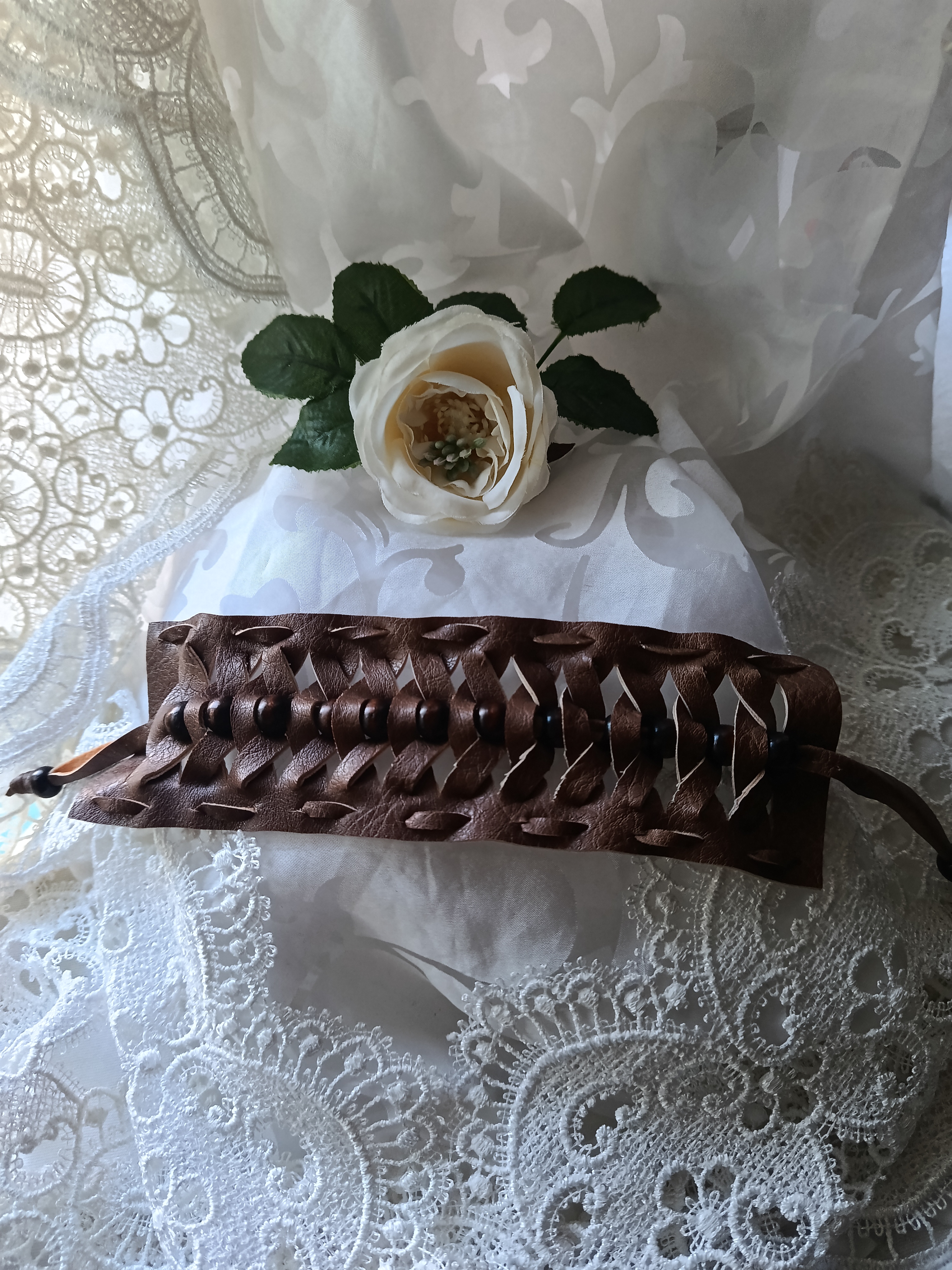 Handcrafted Men's Woven Brown Leather Cuff Bracelet with Wooden Beads, photo 3