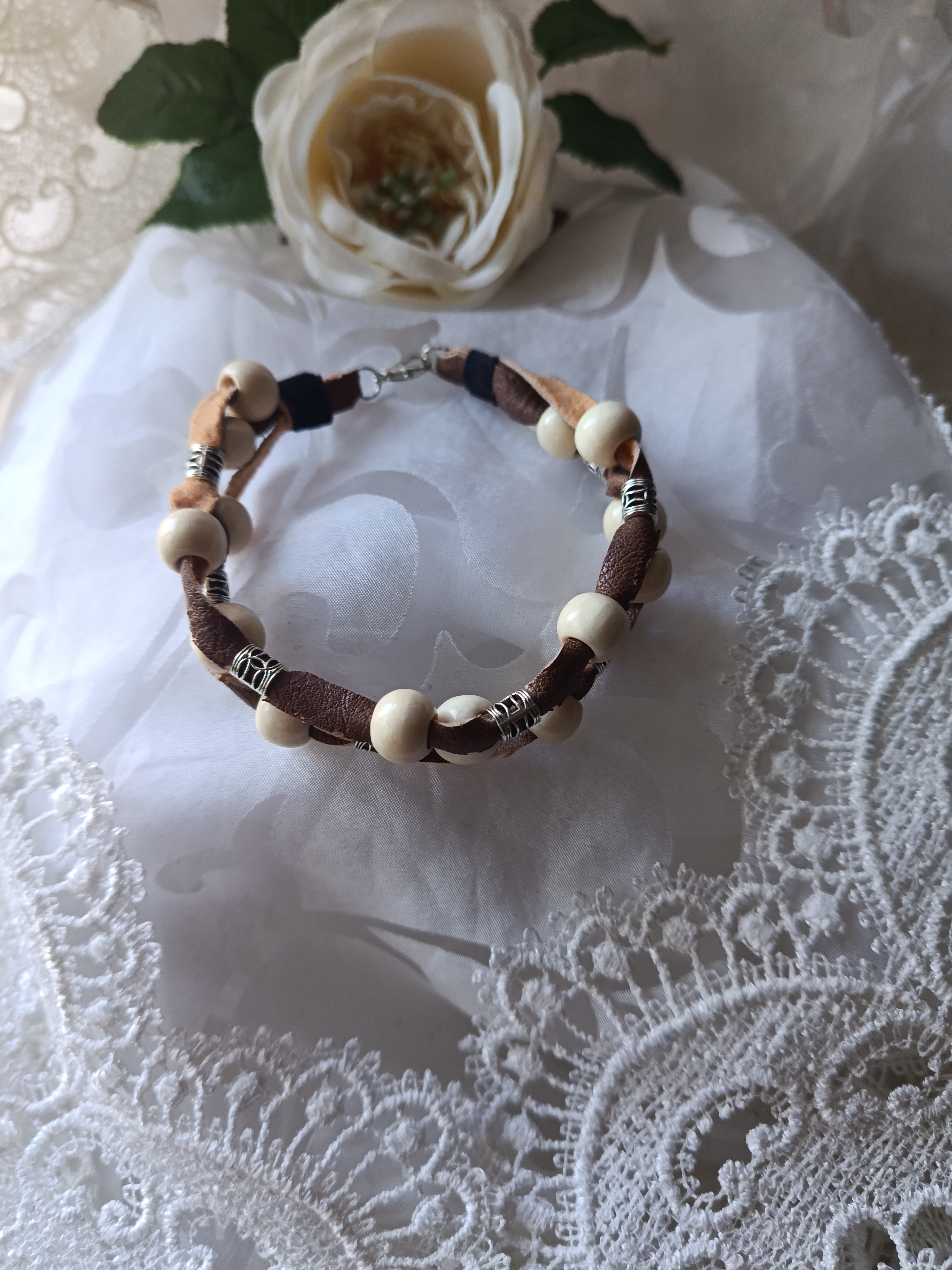 Handcrafted Men's Braided Brown Leather Bracelet with Wooden Beads & Metal Accents, photo 2