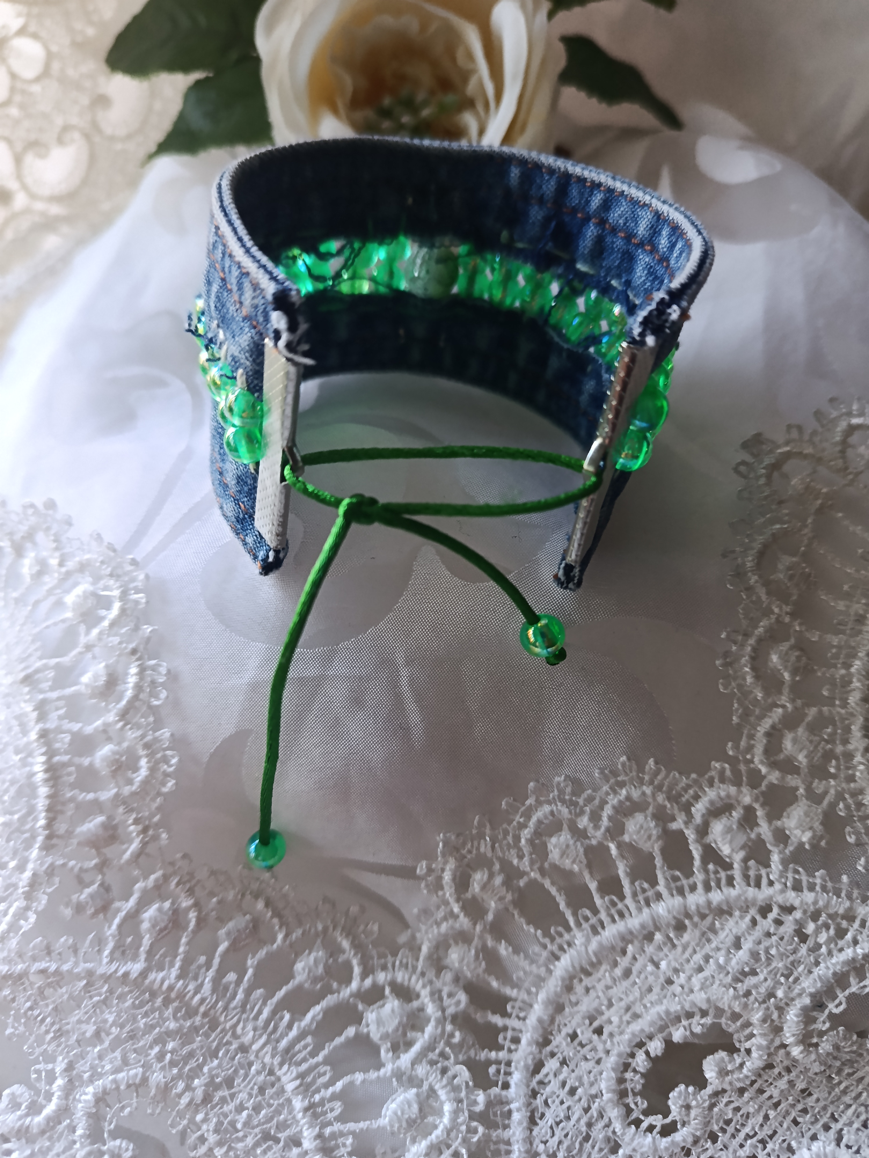 Handcrafted Upcycled Blue Denim Cuff Bracelet with Emerald Green Beads & Rhombus Studs, photo 2