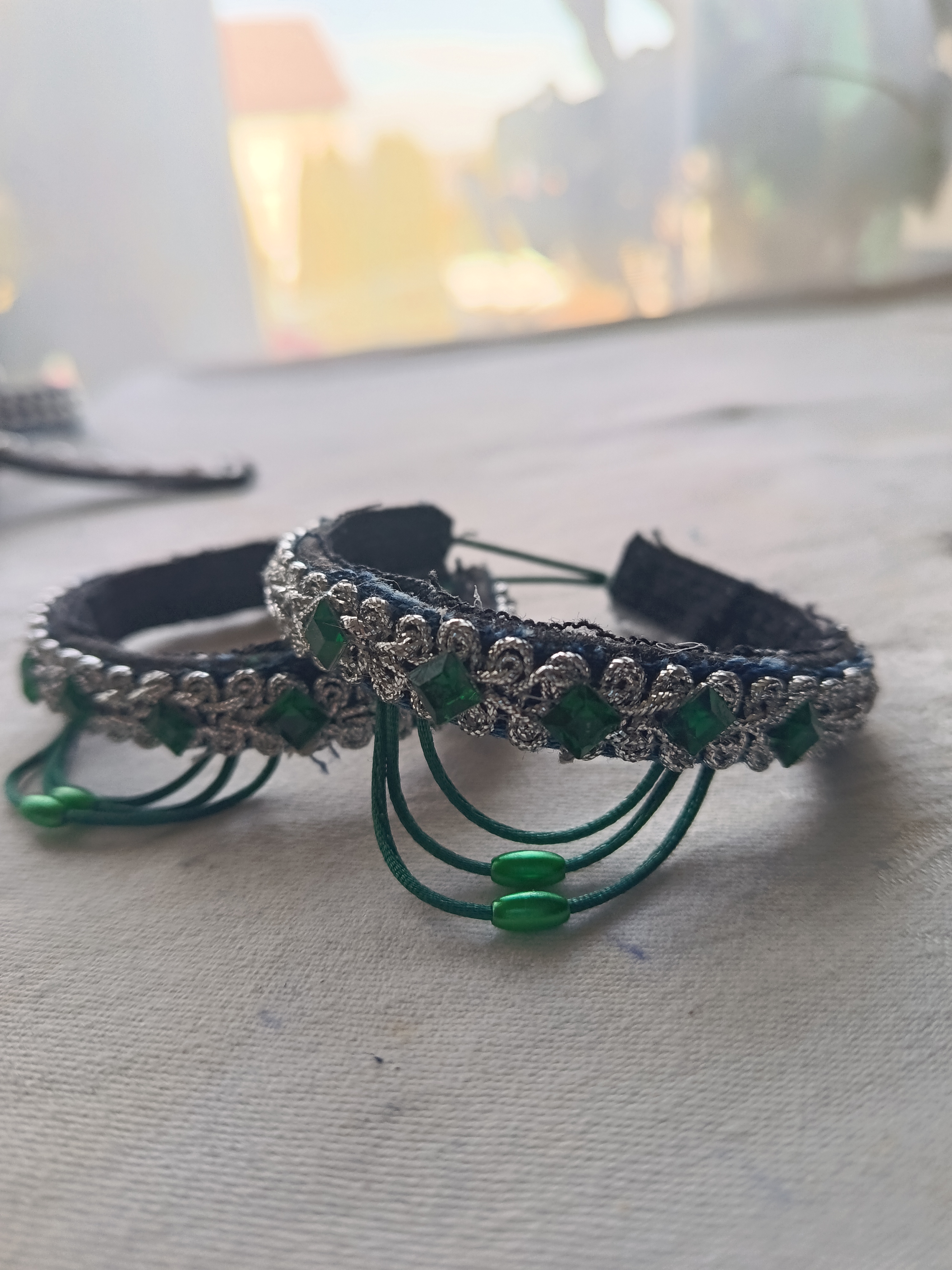 Emerald Sparkle Handmade Denim Bracelet Description