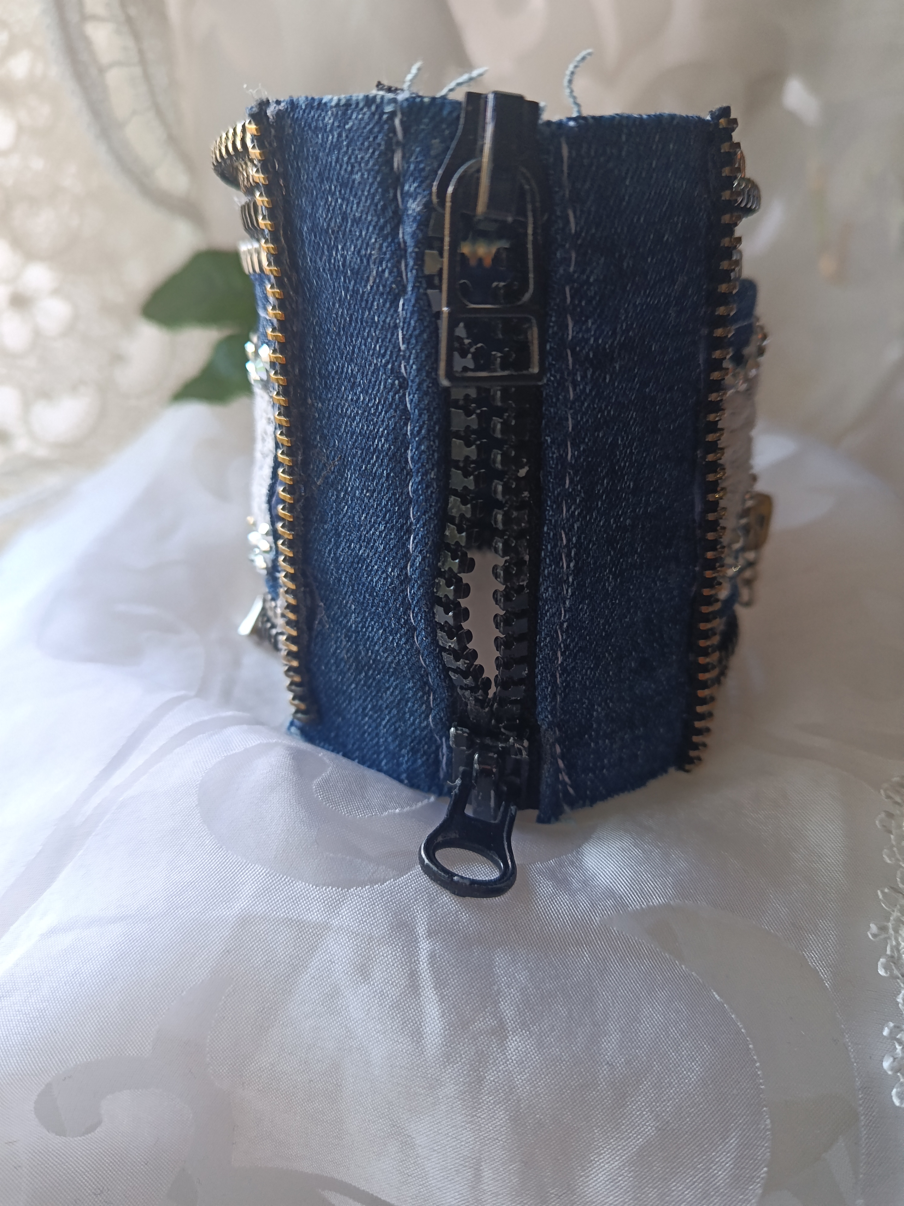 Handcrafted Upcycled Denim Zipper Cuff Bracelet with Lace & Rhinestones, photo 2