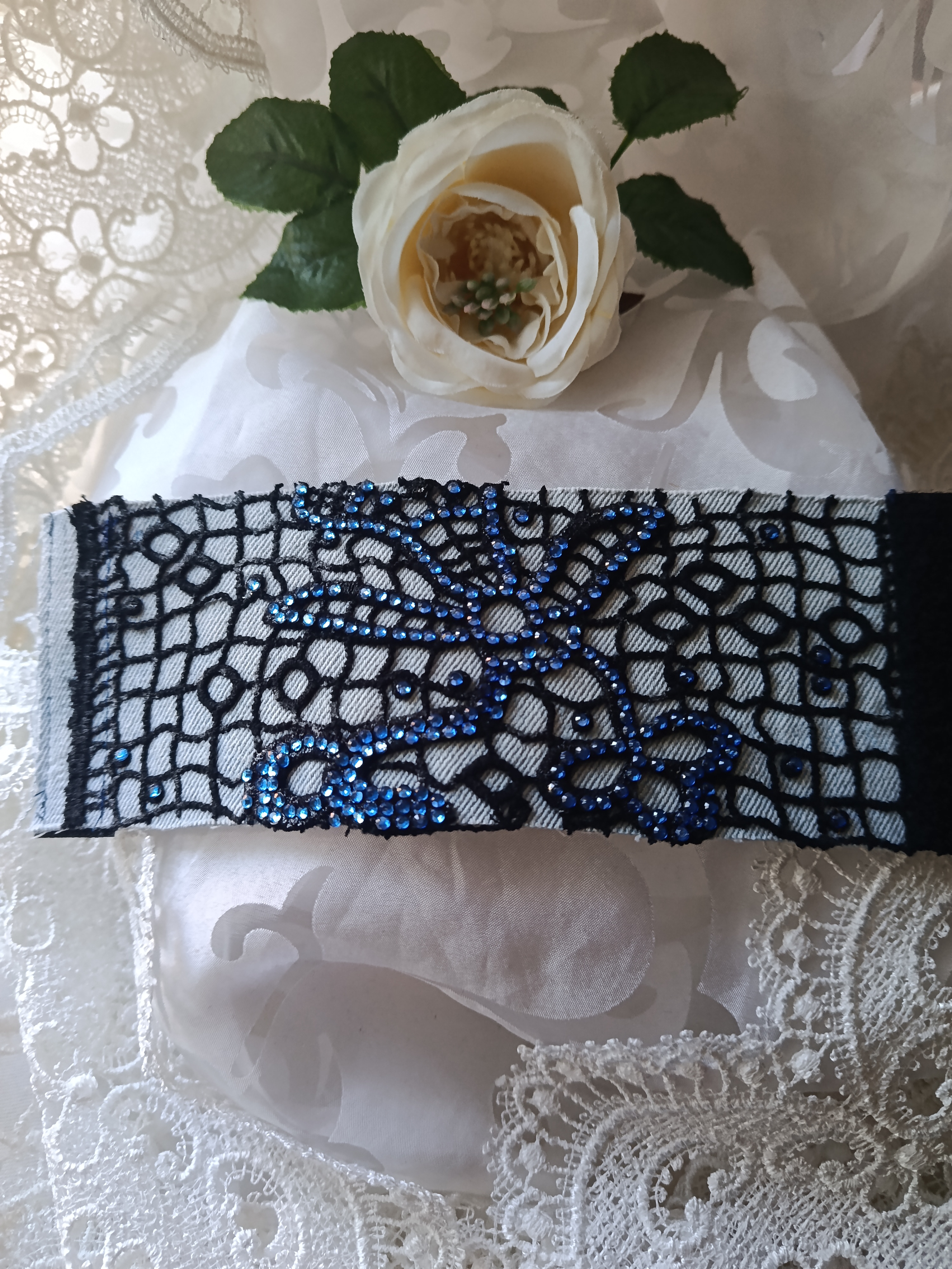 Blue Rhinestone Spiderweb Pattern Denim Bracelet, photo 2