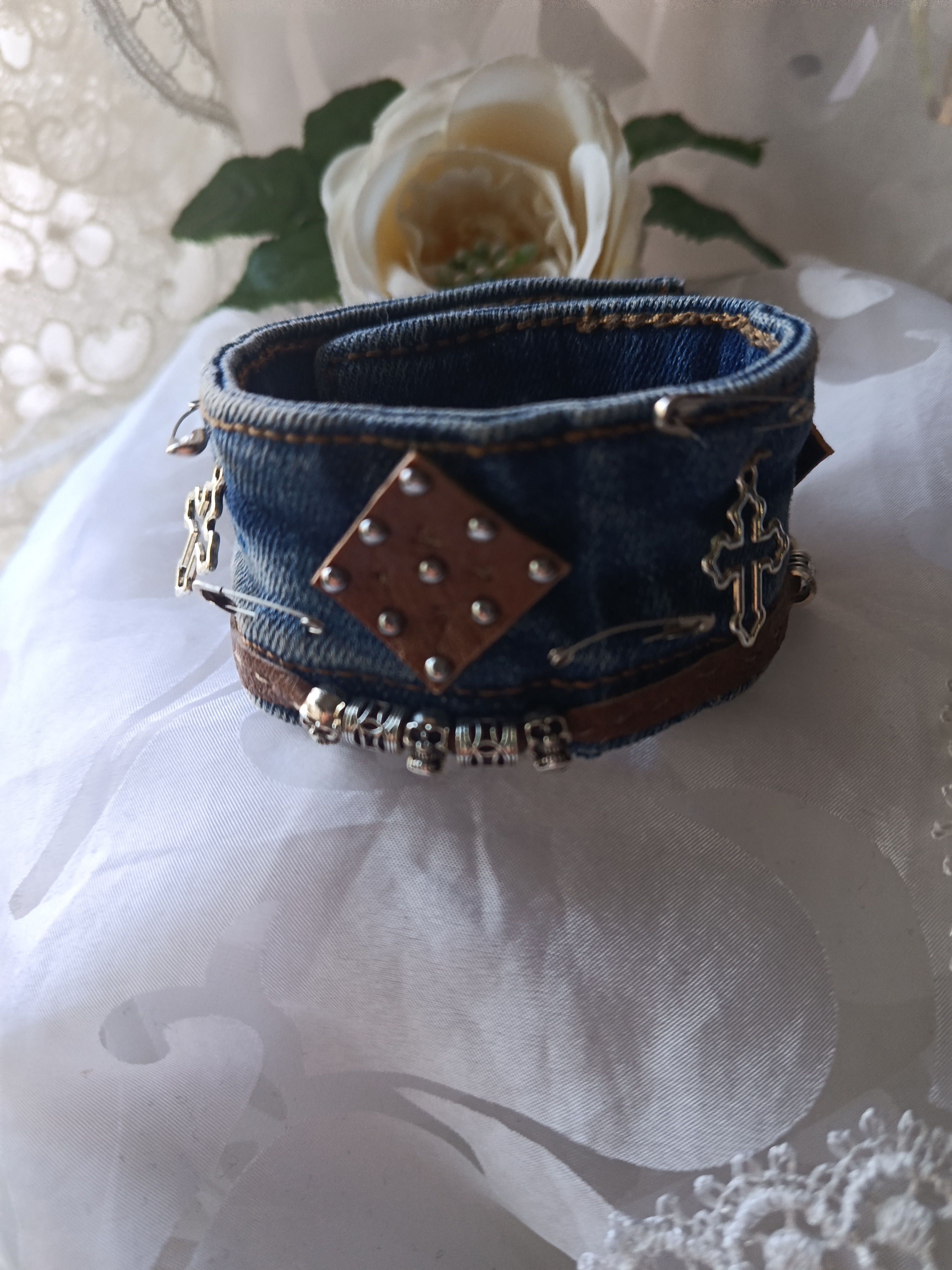 Handcrafted Men's Upcycled Denim Rocker Cuff Bracelet with Leather Patch & Crosses