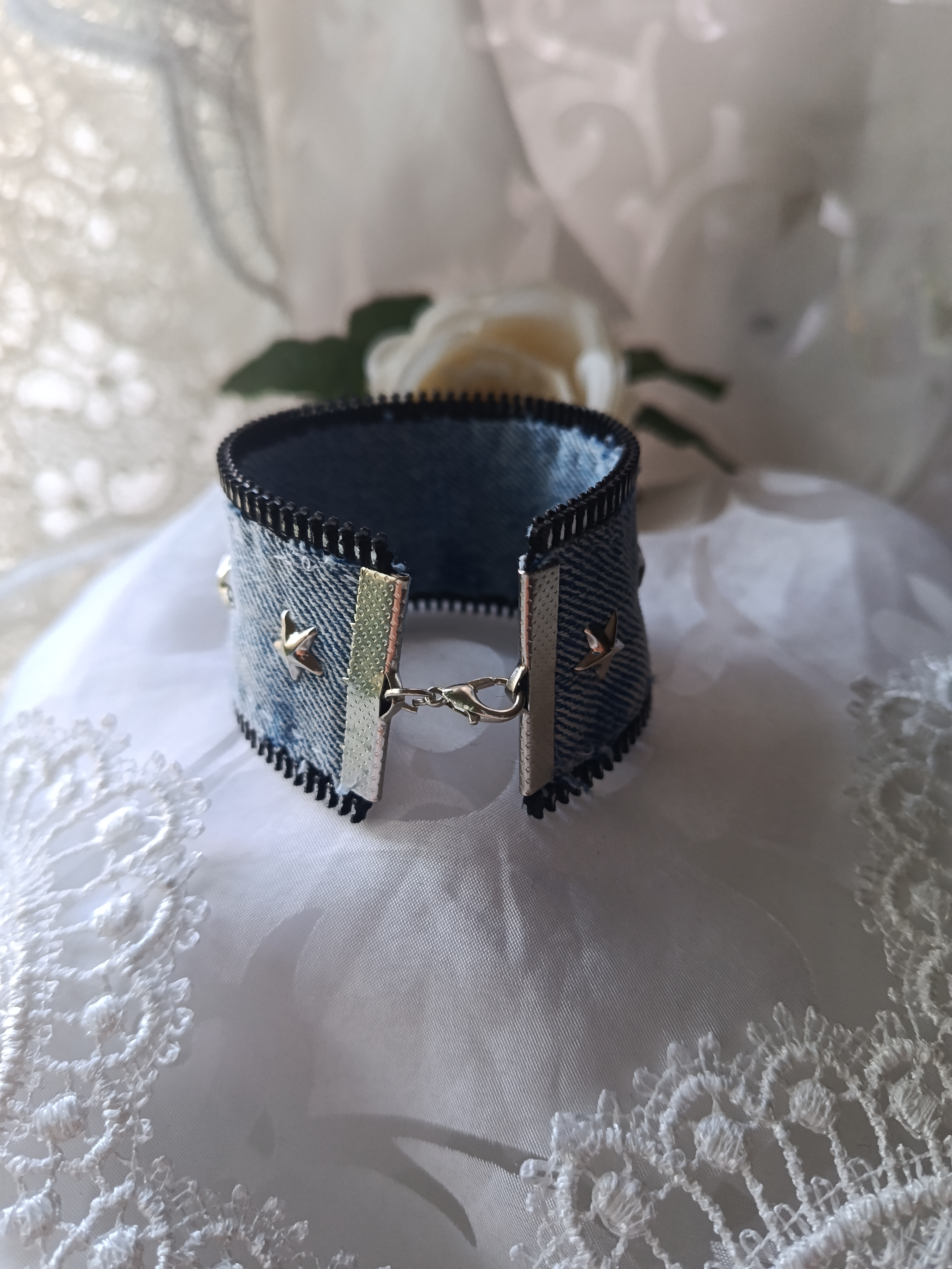 Handcrafted Upcycled Denim Cuff Bracelet with Zipper Teeth Trim & Metal Star Studs, photo 2