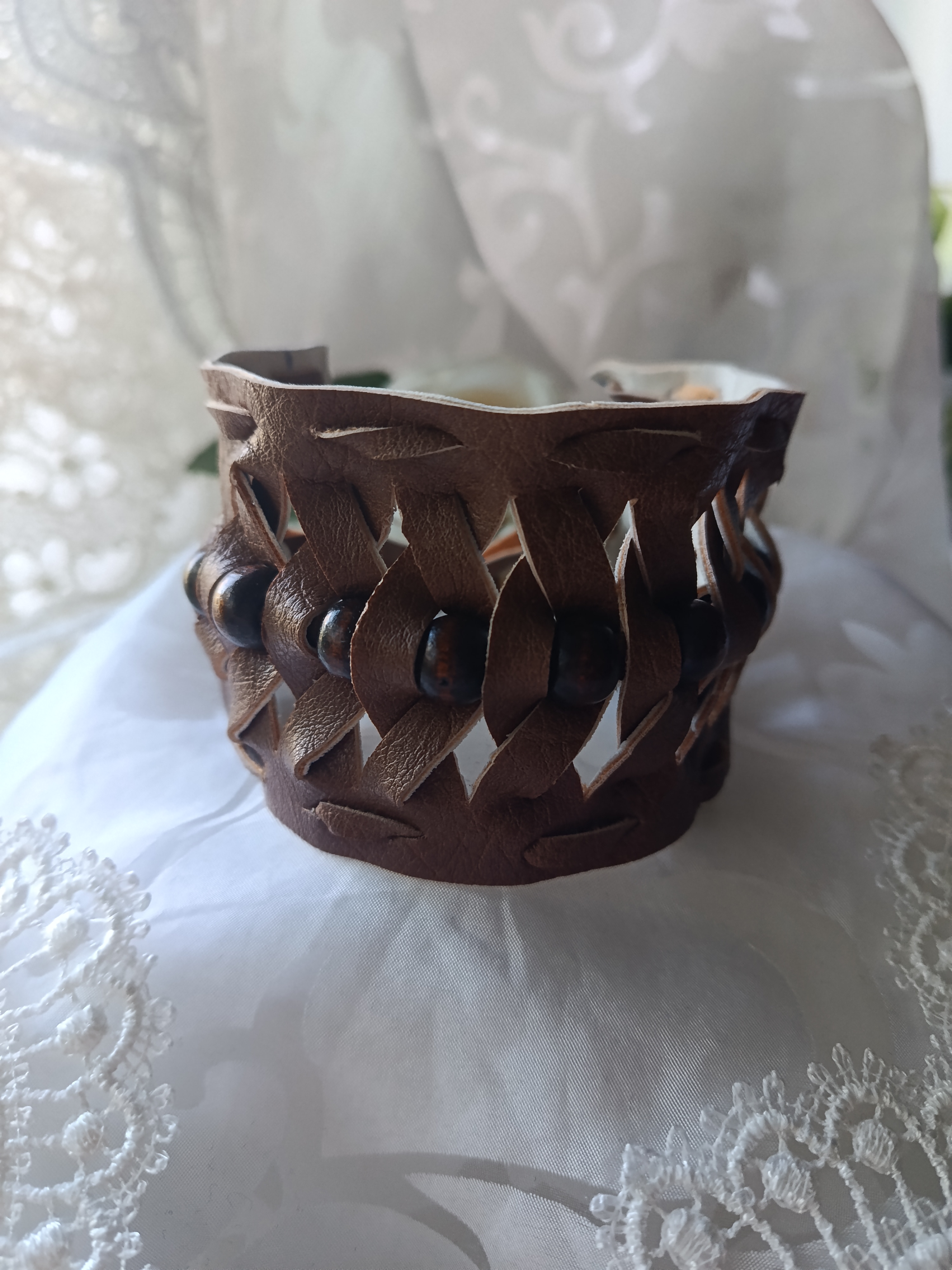 Handcrafted Men's Woven Brown Leather Cuff Bracelet with Wooden Beads