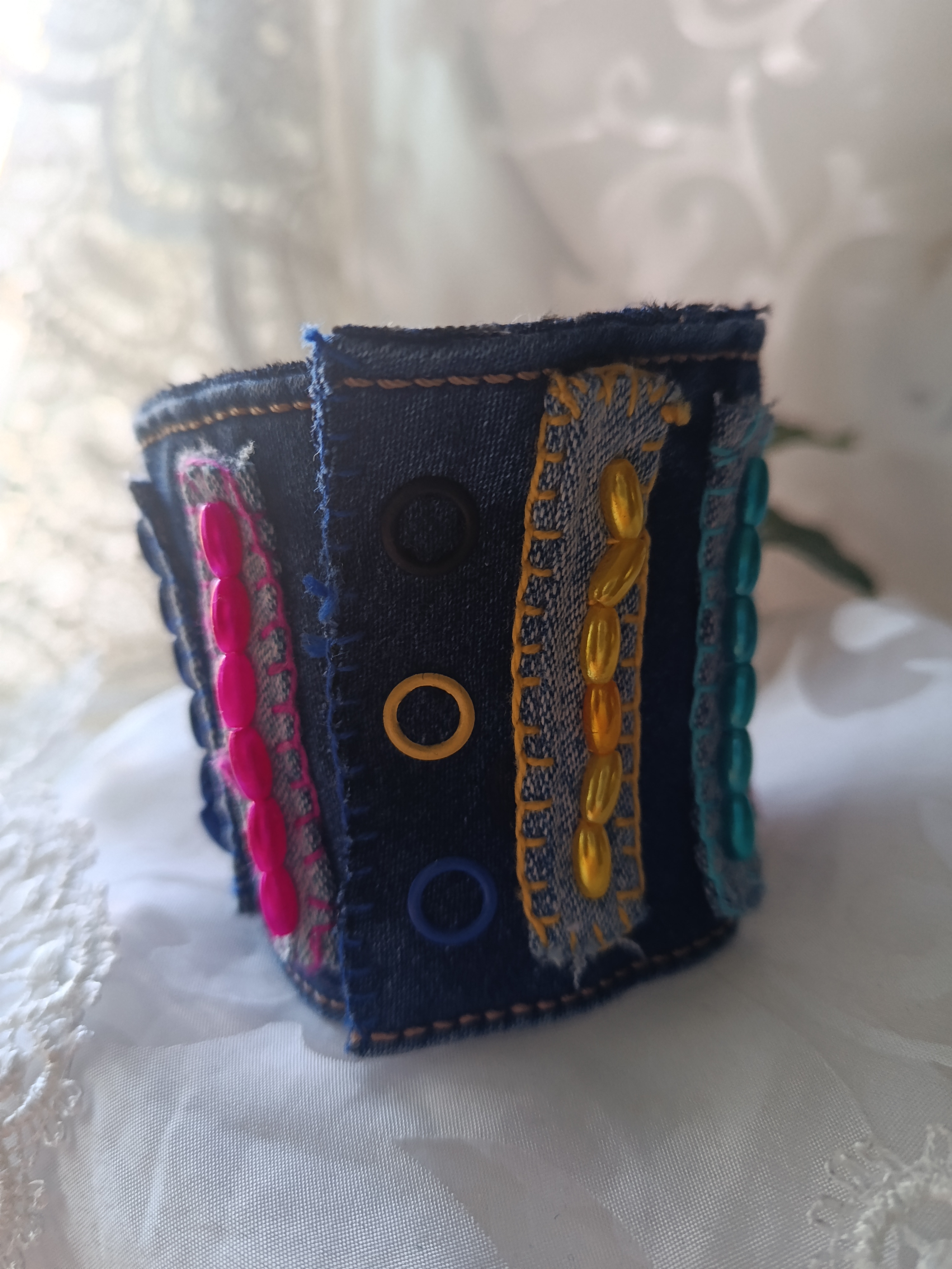 Retro Style Handcrafted Upcycled Denim Bracelet Description, photo 2