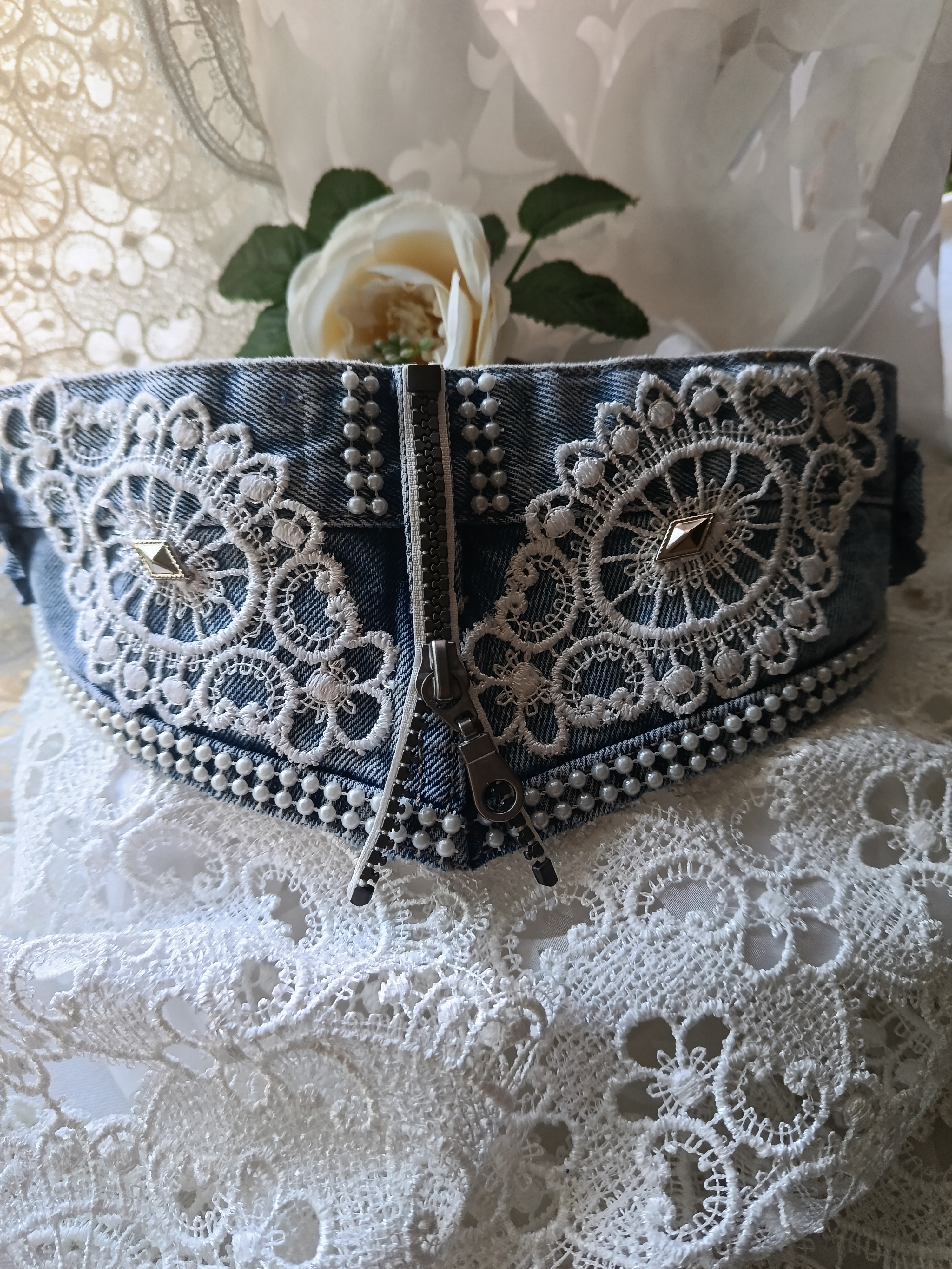 Handcrafted Upcycled Denim Choker Necklace with White Lace, Pearls & Center Zipper