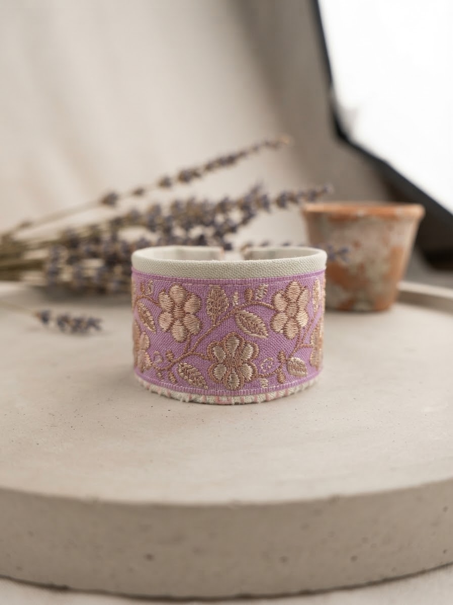 Handcrafted Upcycled Denim Bracelet with Woven Decorative Ribbon