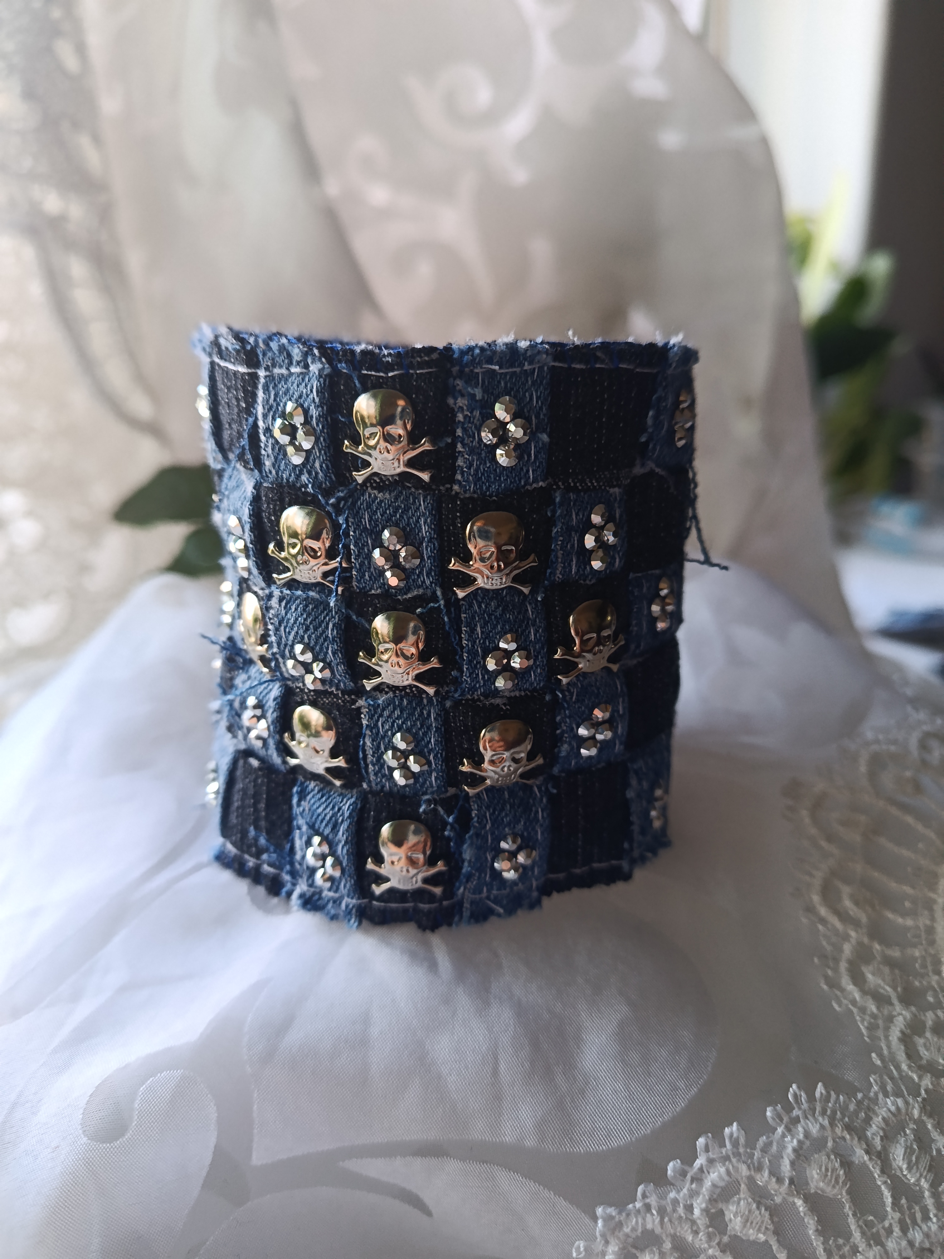 Handcrafted Upcycled Denim Rocker Cuff Bracelet with Skulls and Rhinestones