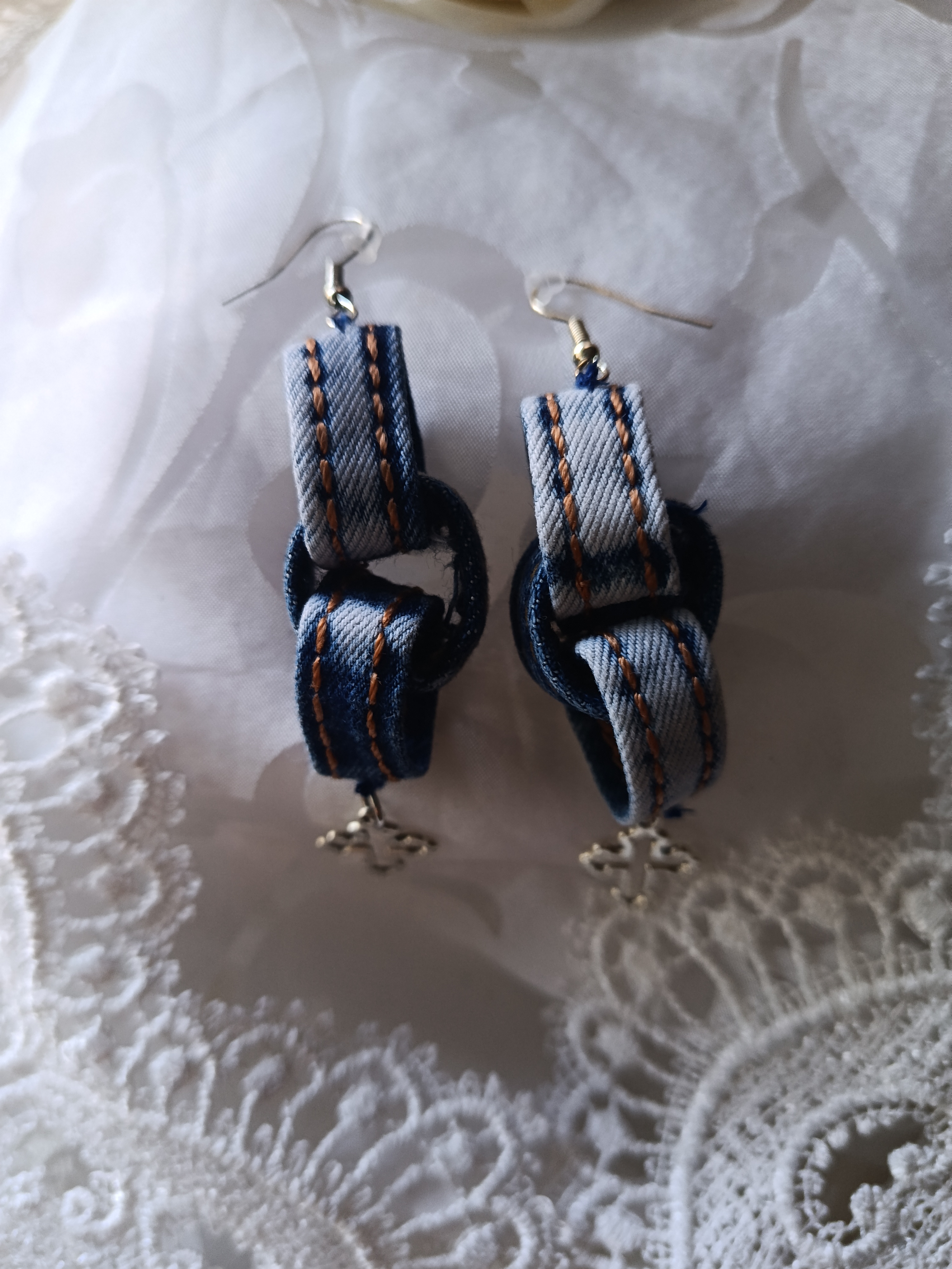 Handcrafted Upcycled Denim Loop Earrings with Silver Cross Charms