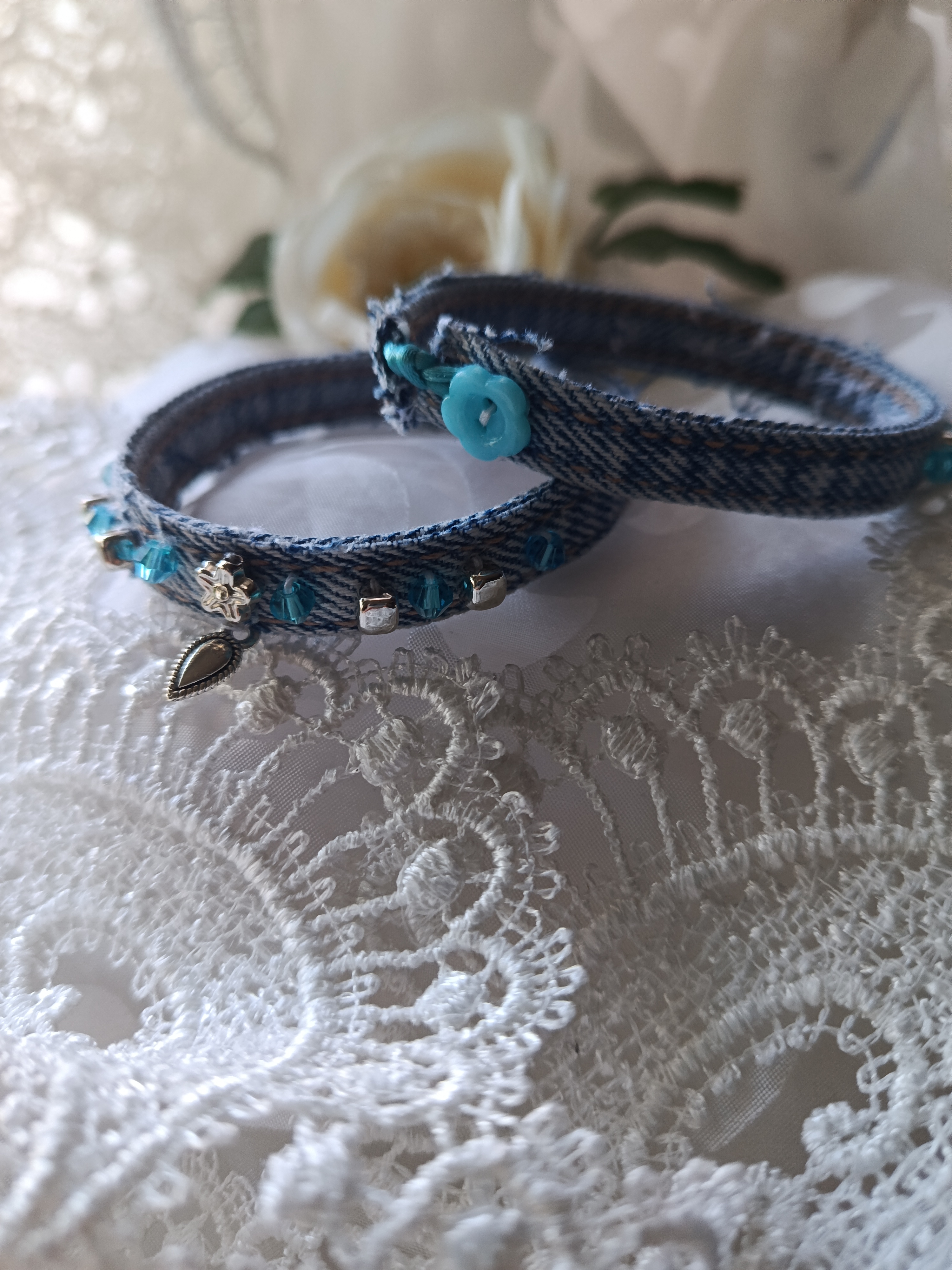 Handcrafted Mother-Daughter Upcycled Denim Bracelet Set with Turquoise Crystals & Silver Charms