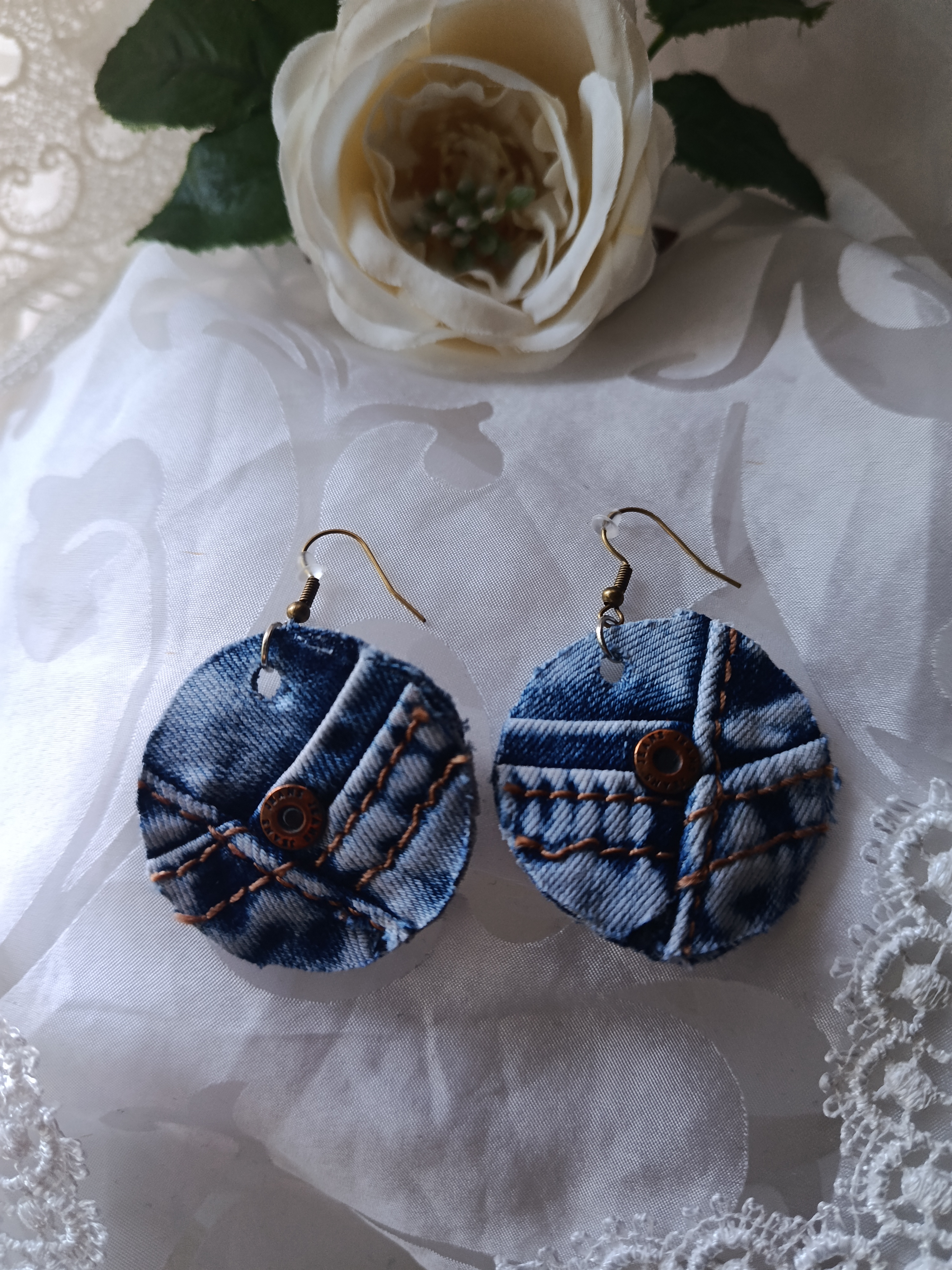 Handcrafted Round Upcycled Denim Statement Earrings with Jeans Rivets
