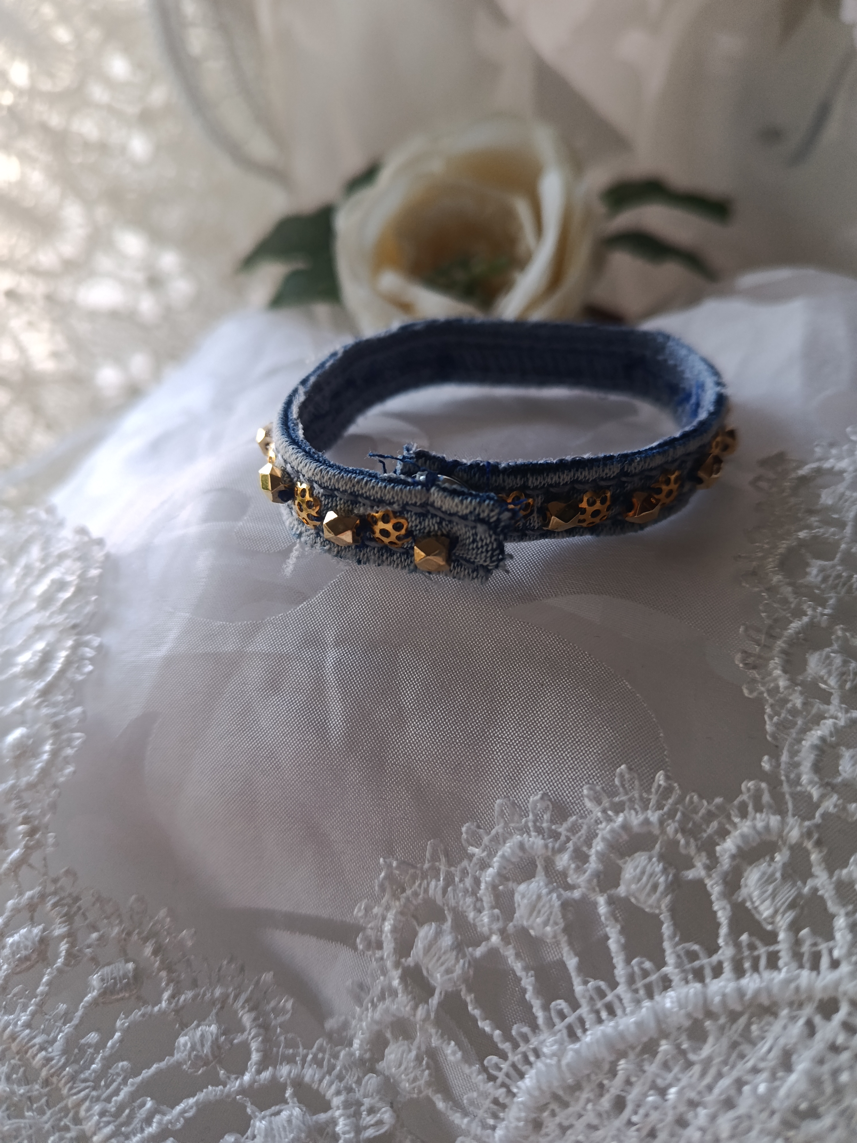 Handcrafted Upcycled Denim Bracelet with Gold Infinity Heartbeat Charm, photo 2