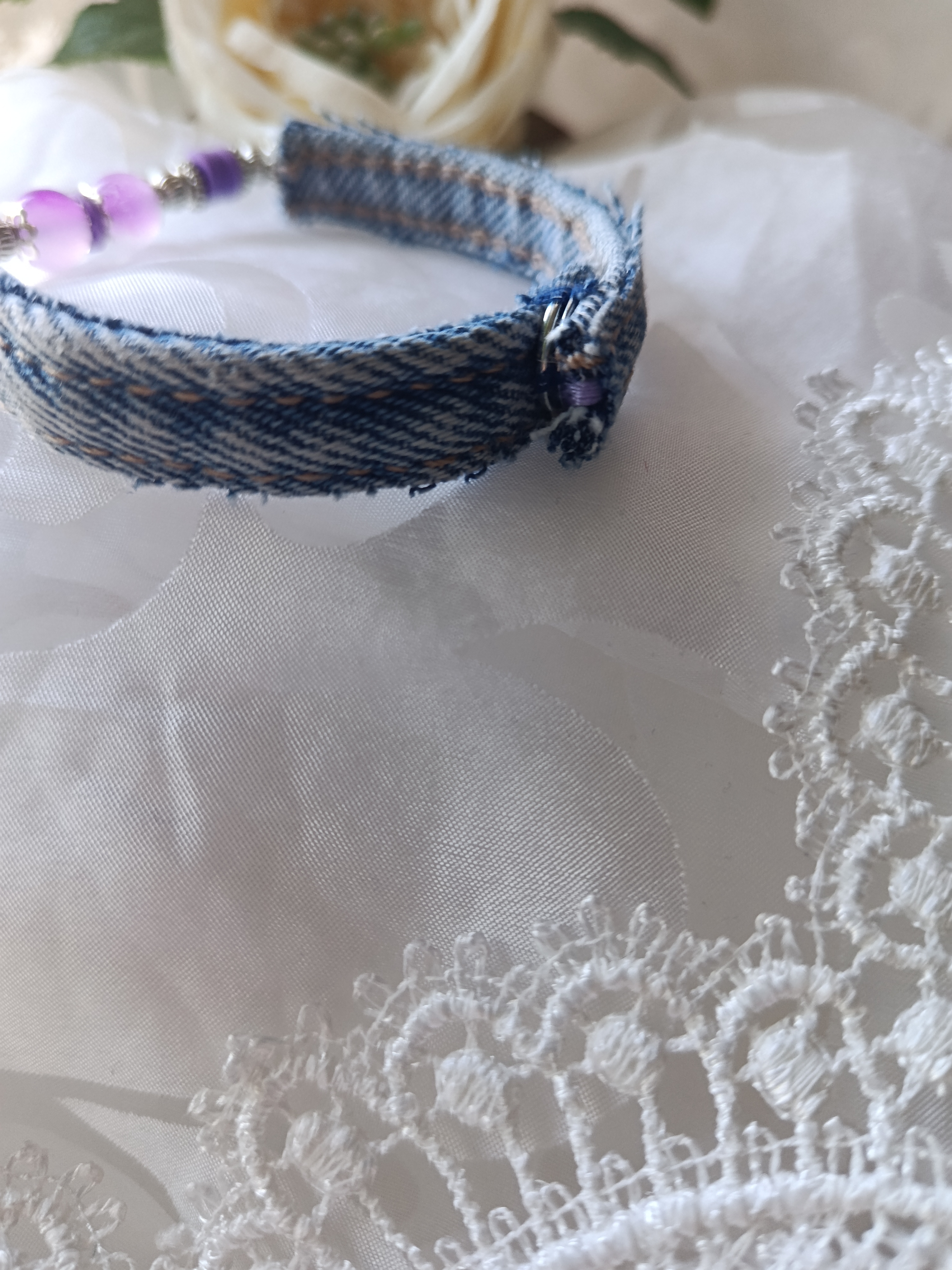 Handcrafted Slim Upcycled Denim Bracelet with Purple Agate Beads & Silver Spacers, photo 2