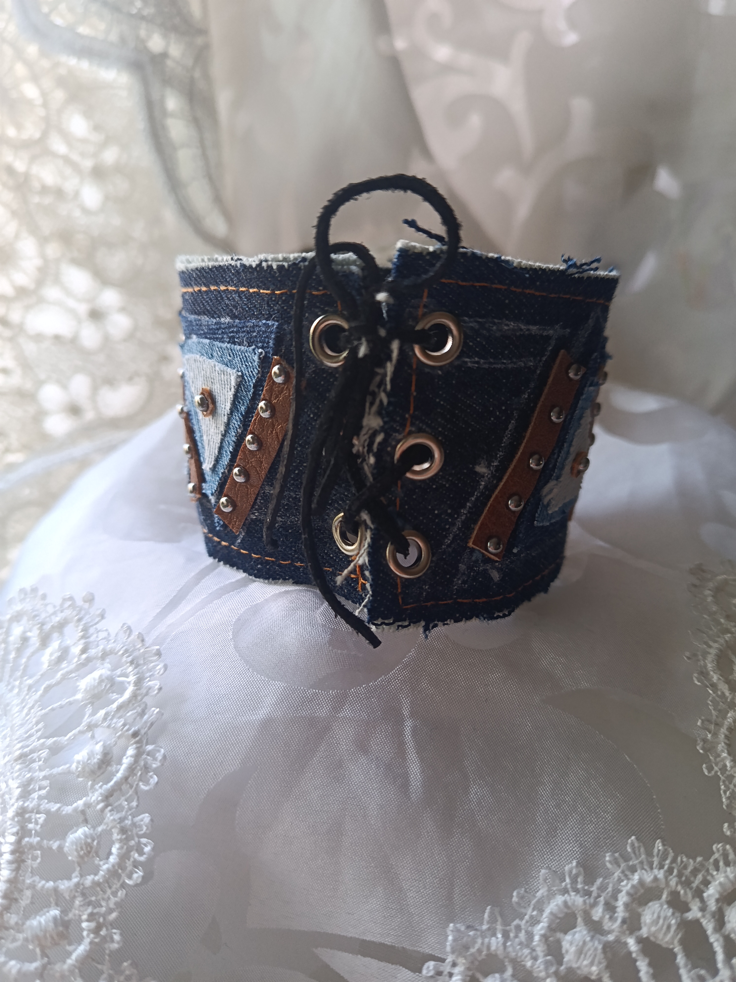 Handcrafted Men's Upcycled Denim Cuff Bracelet with Geometric Leather & Metal Rivets, photo 2