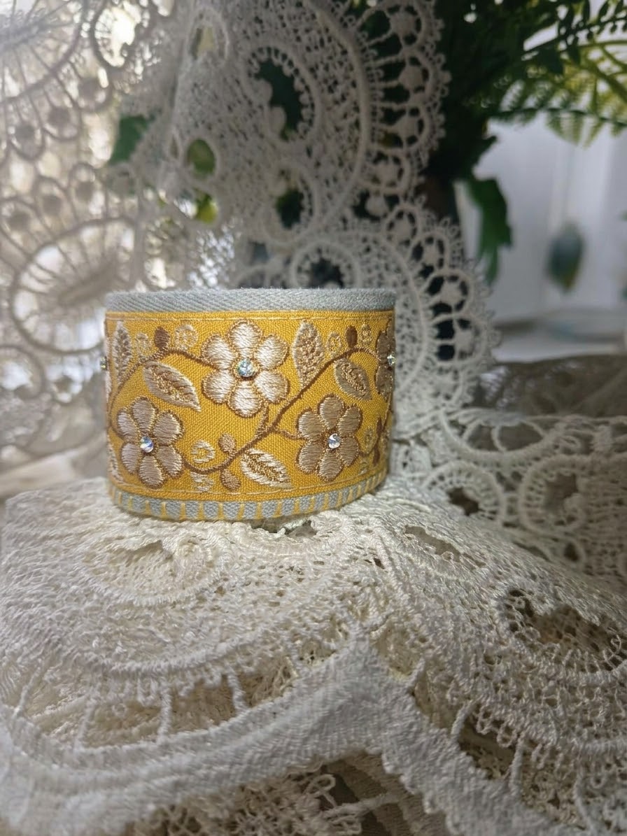 Golden Floral Jacquard Denim Cuff Bracelet