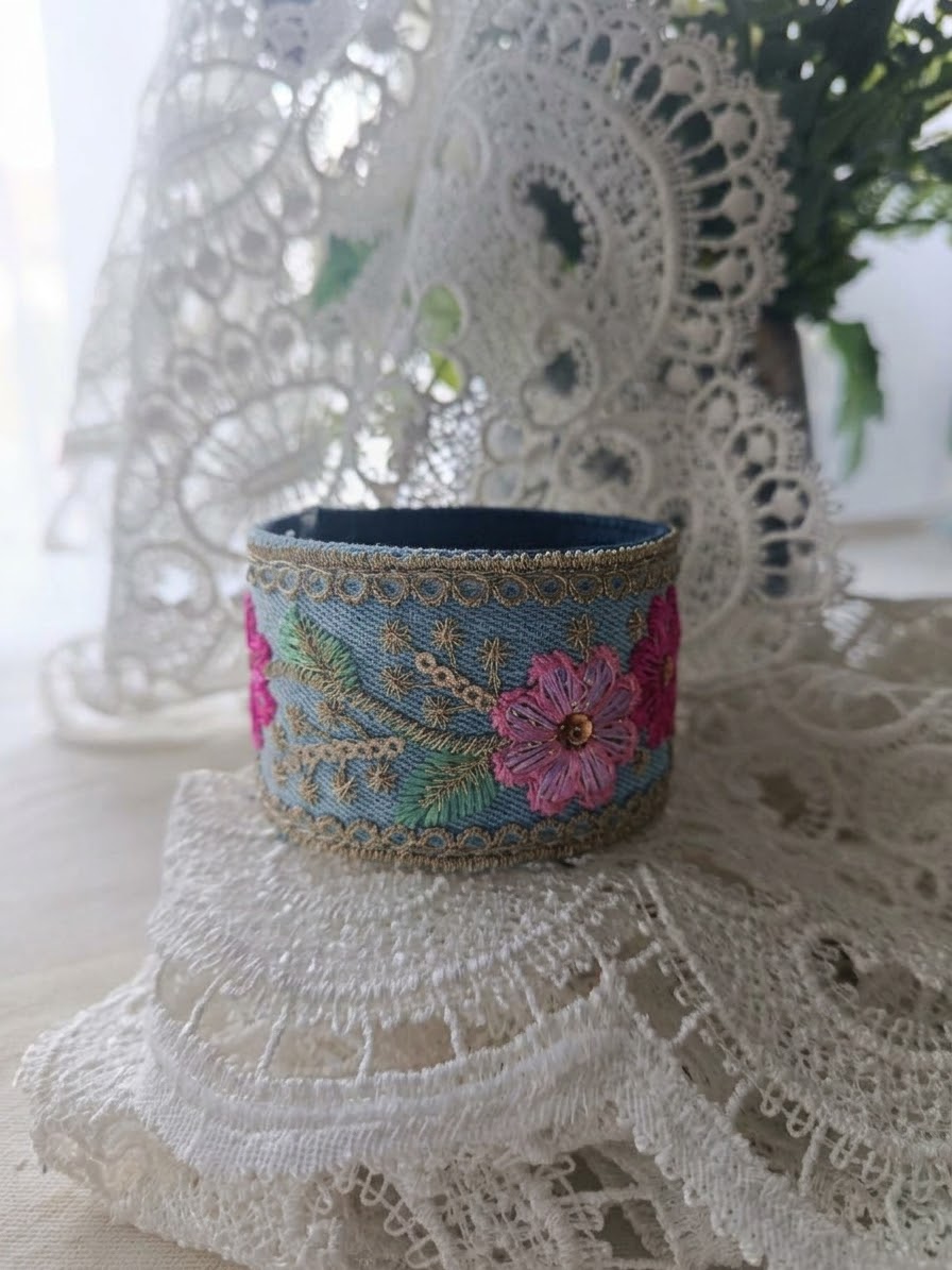Romantic Floral Lace & Denim Cuff Bracelet