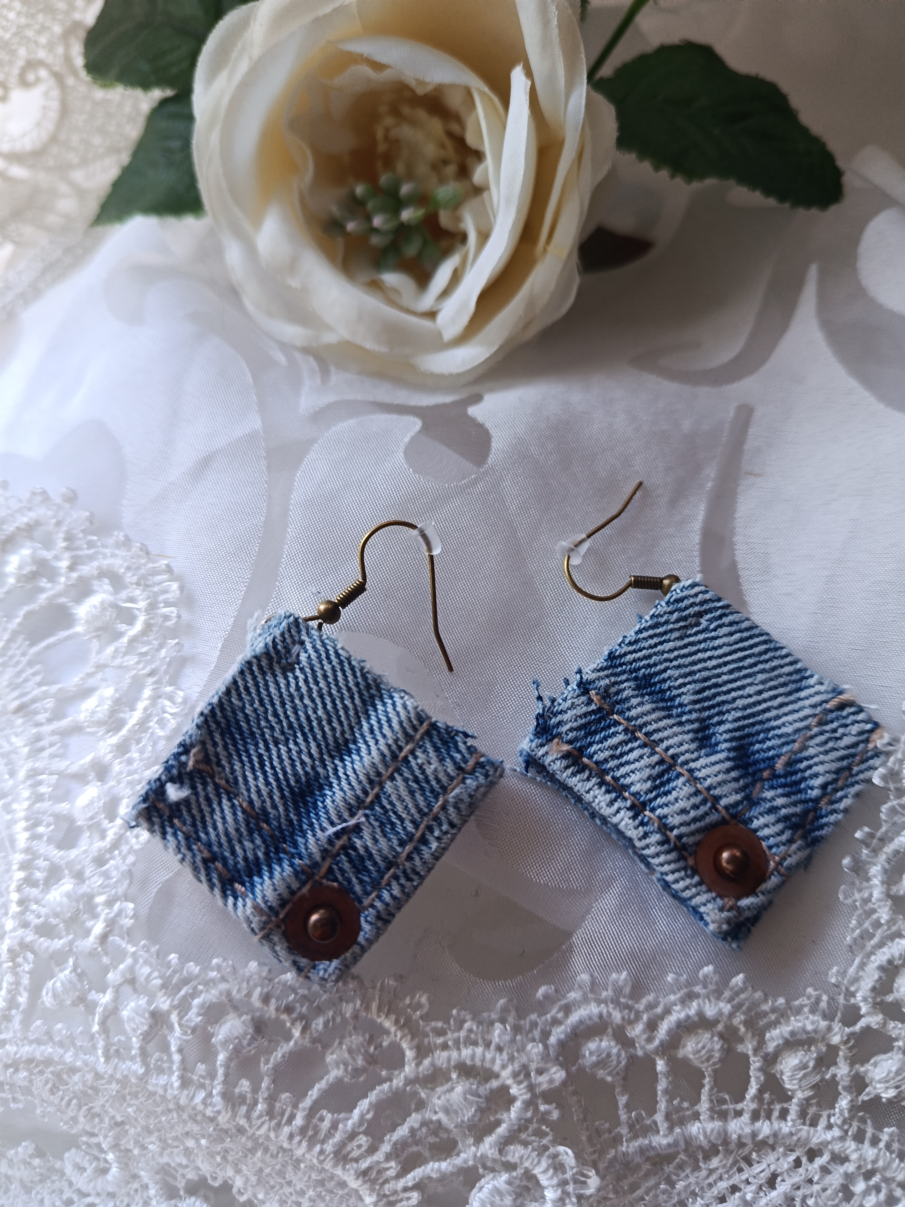 Handcrafted Upcycled Blue Denim Rhombus Earrings with Metal Rivets