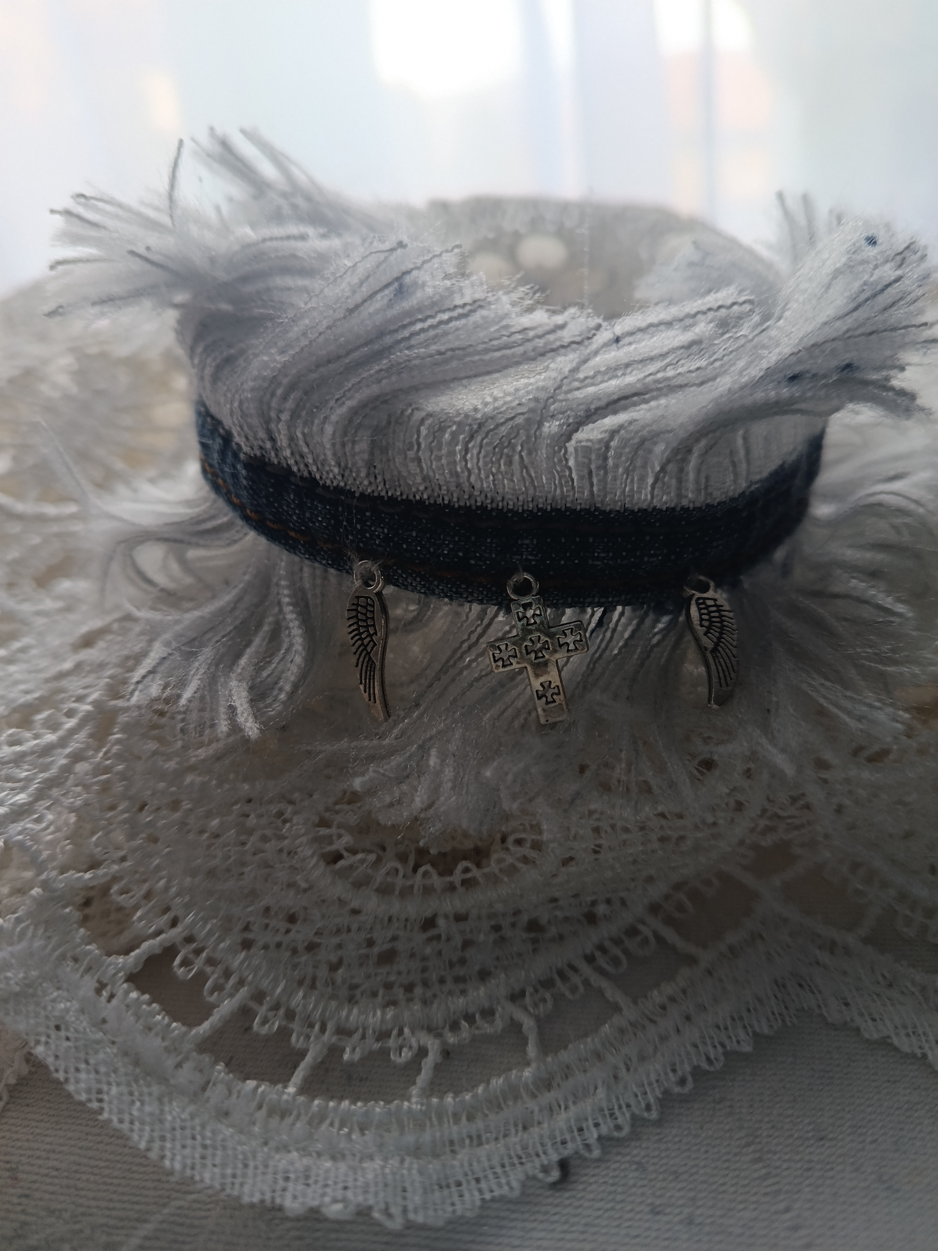 Handcrafted Fringed Upcycled Denim Bracelet with Silver Cross & Angel Wings Charms