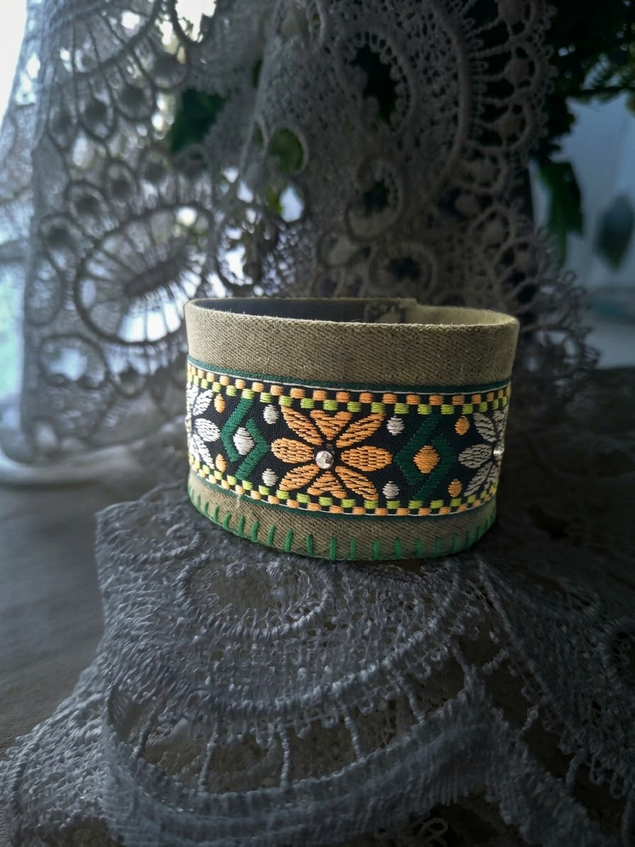 Folk Jacquard Ribbon Denim Cuff Bracelet