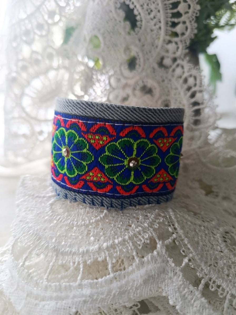 Blue Folk Jacquard Denim Cuff Bracelet