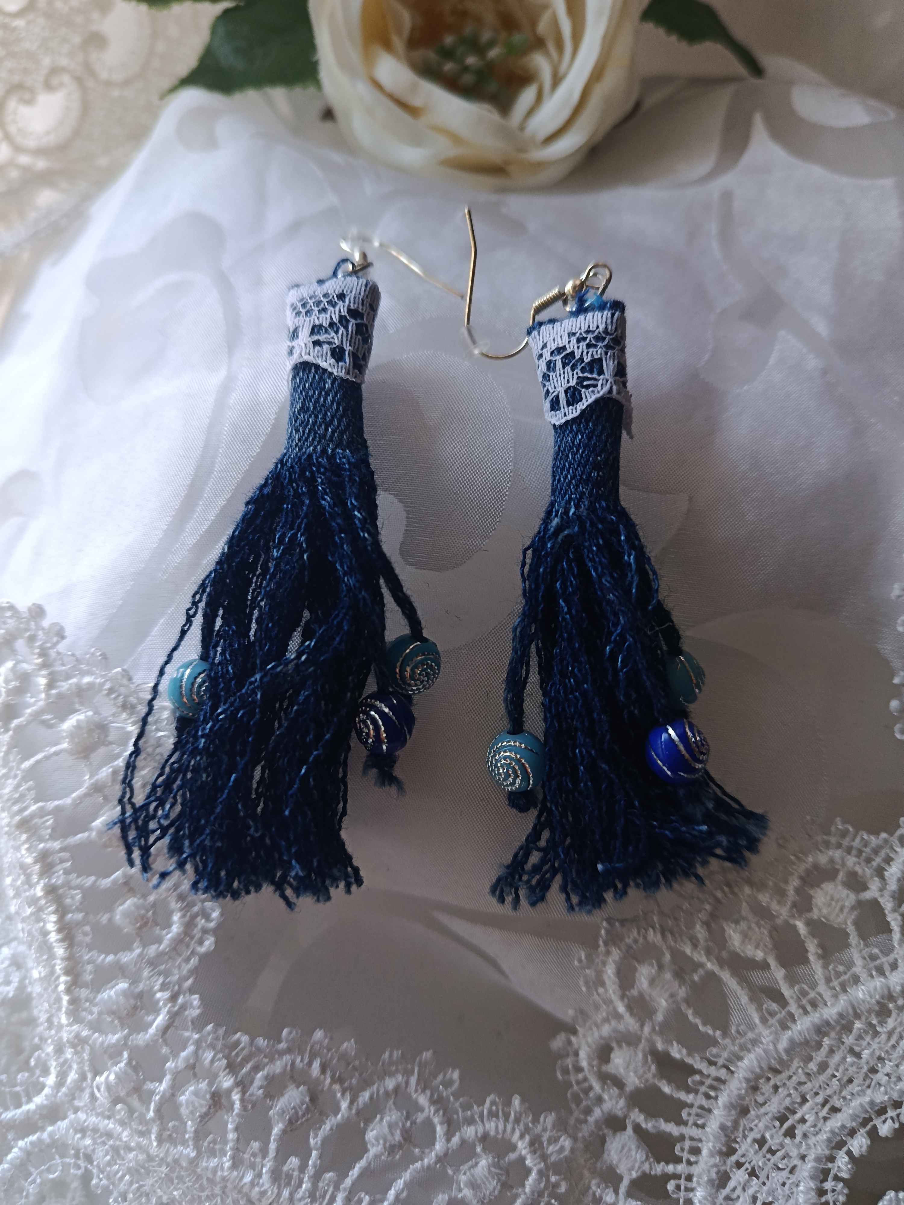 Handcrafted Upcycled Denim Tassel Earrings with White Lace & Blue Beads