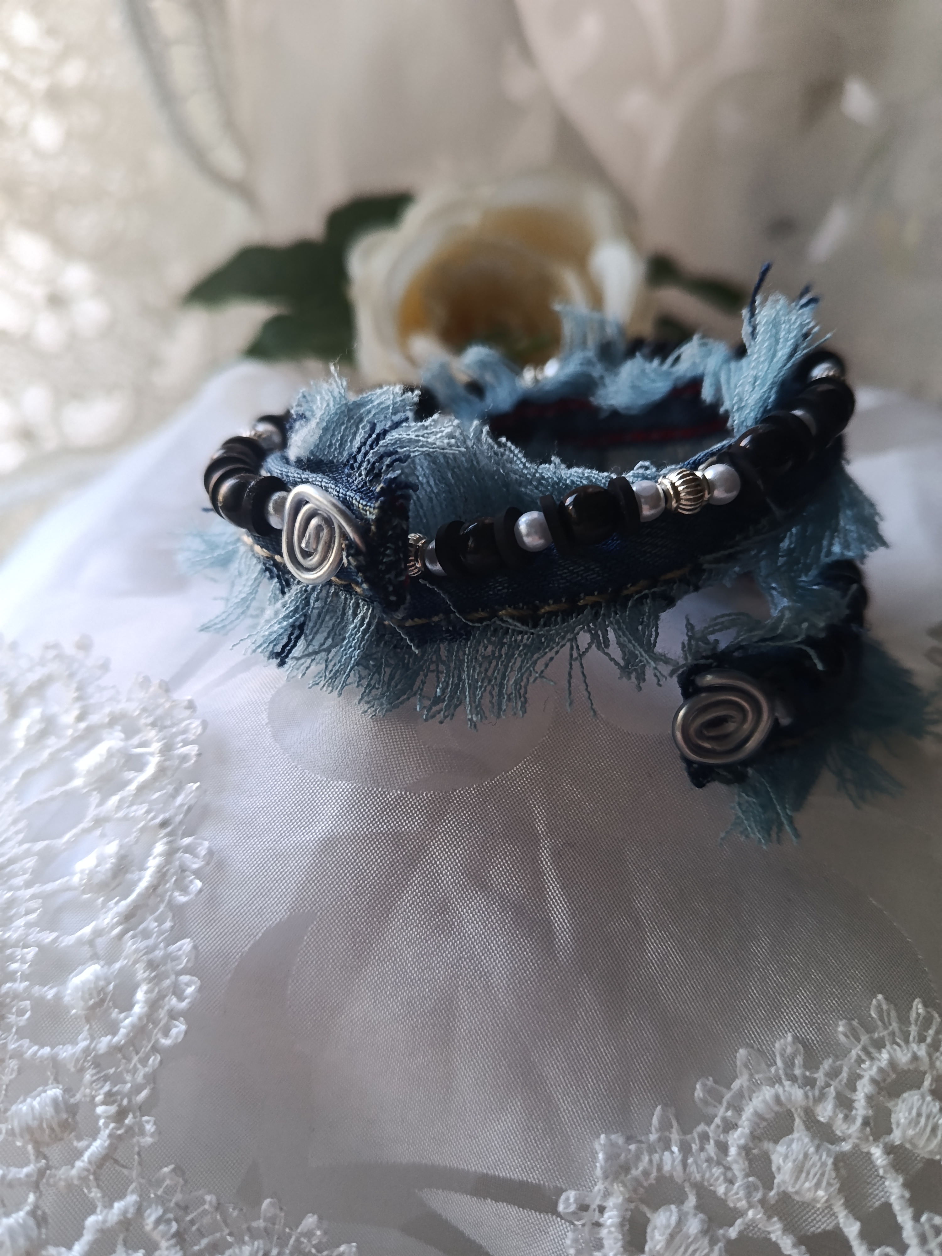 Handcrafted Upcycled Denim Wrap Bracelet with Black & Silver Beads & Wire Spirals, photo 2