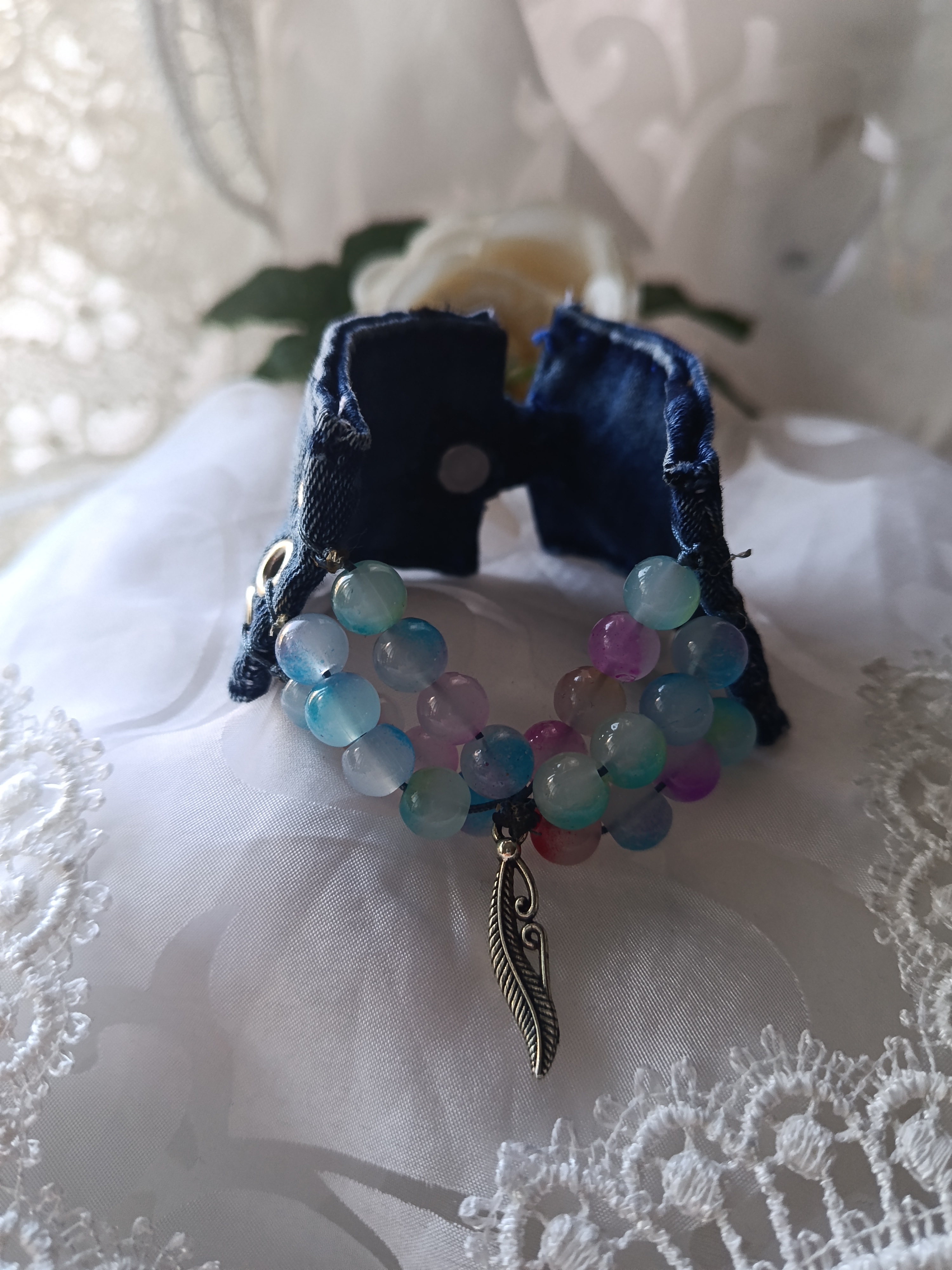 Handcrafted Upcycled Denim Cuff Bracelet with Double-Row Opaline Beads & Feather Charm