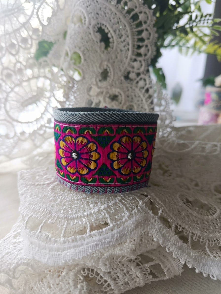 Pink Folk Jacquard Denim Bracelet