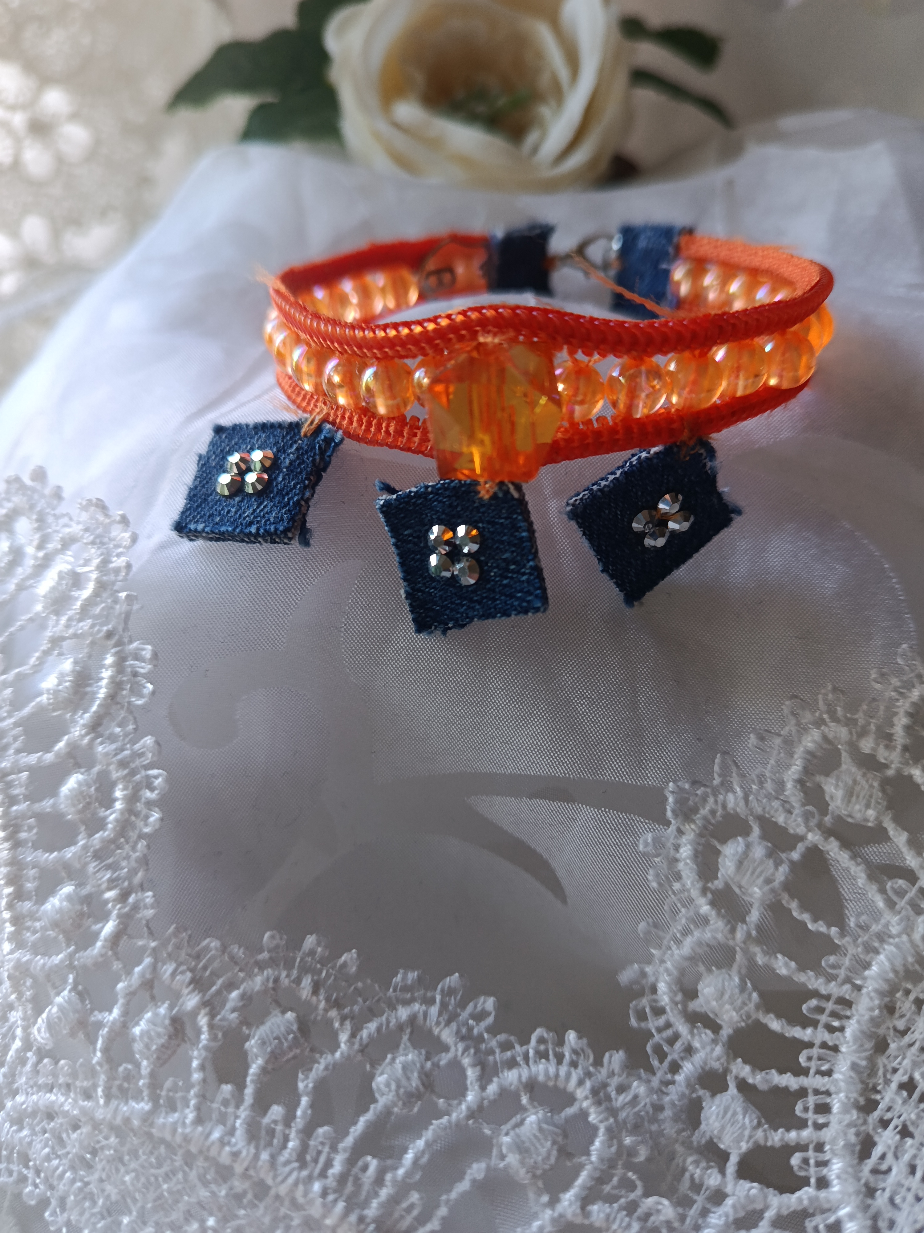 Handcrafted Orange Zipper & Beaded Bracelet with Rhinestone Denim Charms