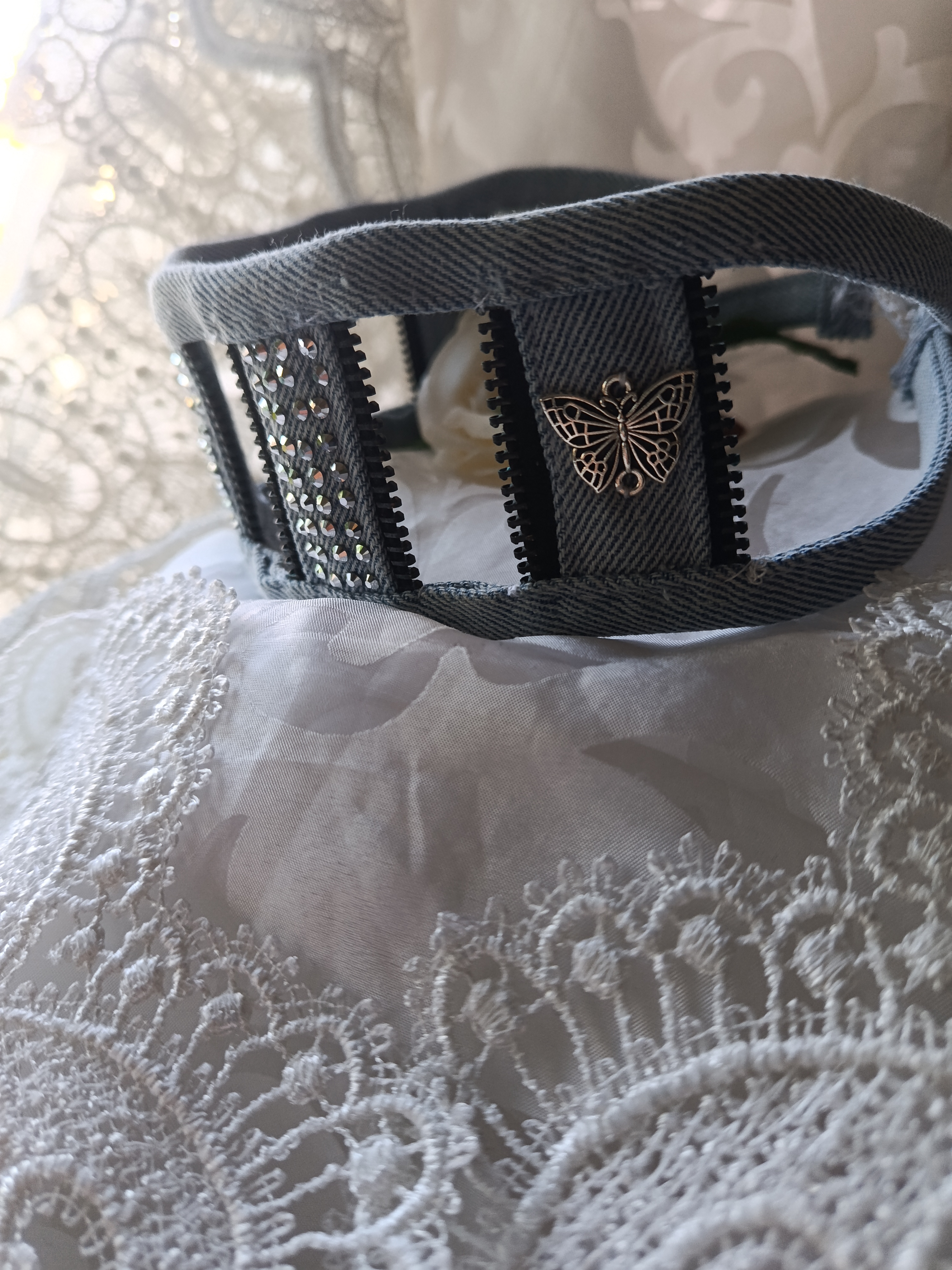 Handcrafted Upcycled Denim Cut-Out Choker Necklace with Zipper Teeth & Rhinestones, photo 2