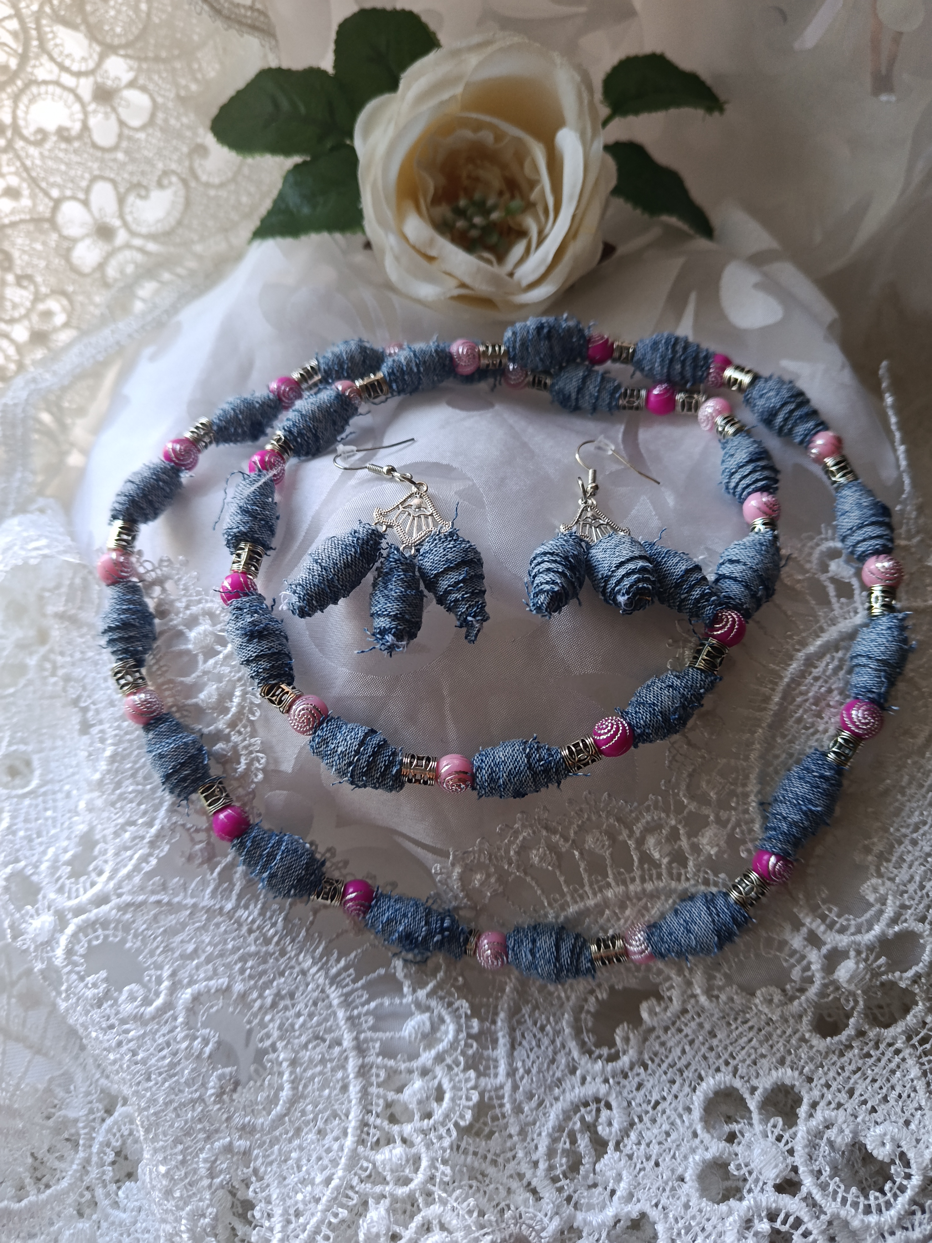 Handcrafted Upcycled Denim Bead Necklace & Earrings Set with Pink Accents