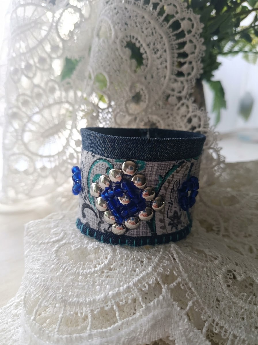 Beaded Patterned Denim Cuff Bracelet with Metal Studs